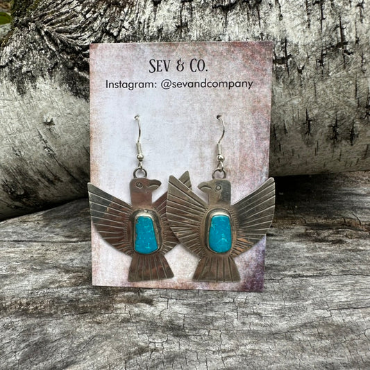 Native Made Sterling Silver and Turquoise Blue Thunderbird Earrings by Vernon Begay