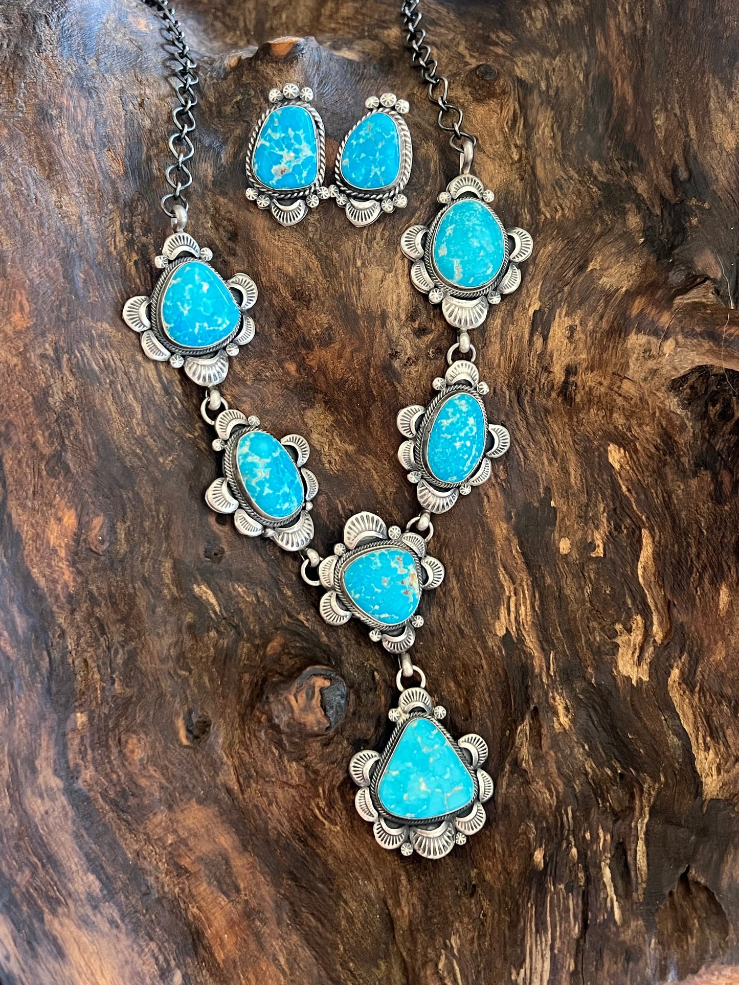 Stellar Navajo Sterling Silver and Whitewater Turquoise Necklace and Earrings Set by Gilbert Tom