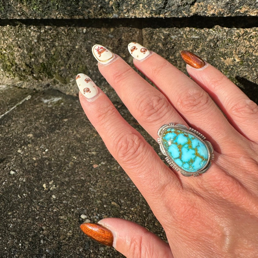 Navajo Sterling Silver Light Blue Webbed Kingman Turquoise Ring Signed by Allen Lee