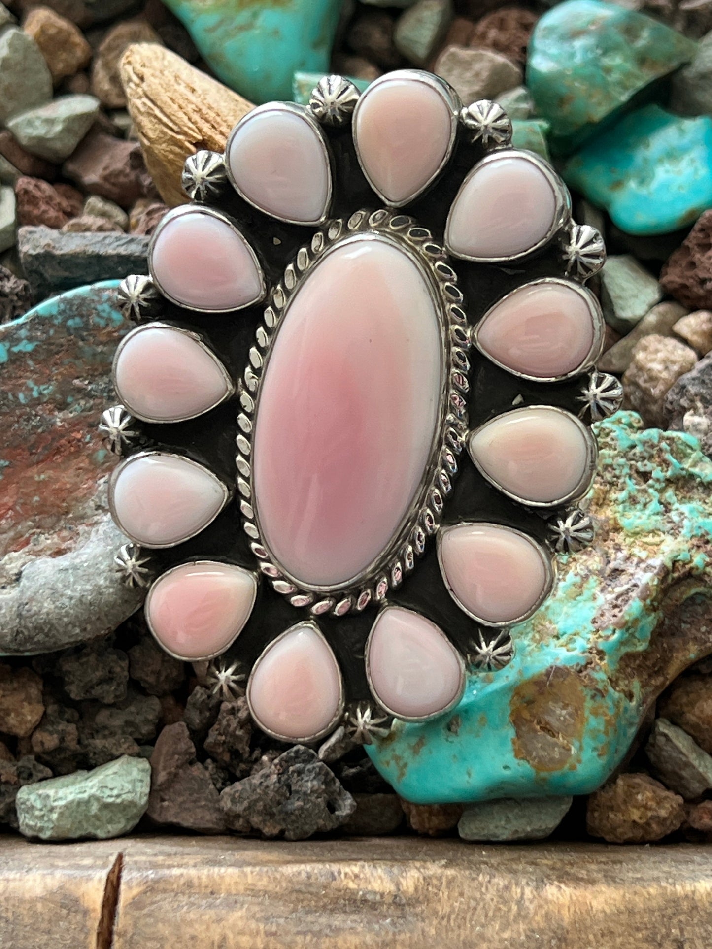 Navajo Sterling Silver and Oval Queen Pink Conch Shell Cluster Ring by Aaron Tallis, Adjustable