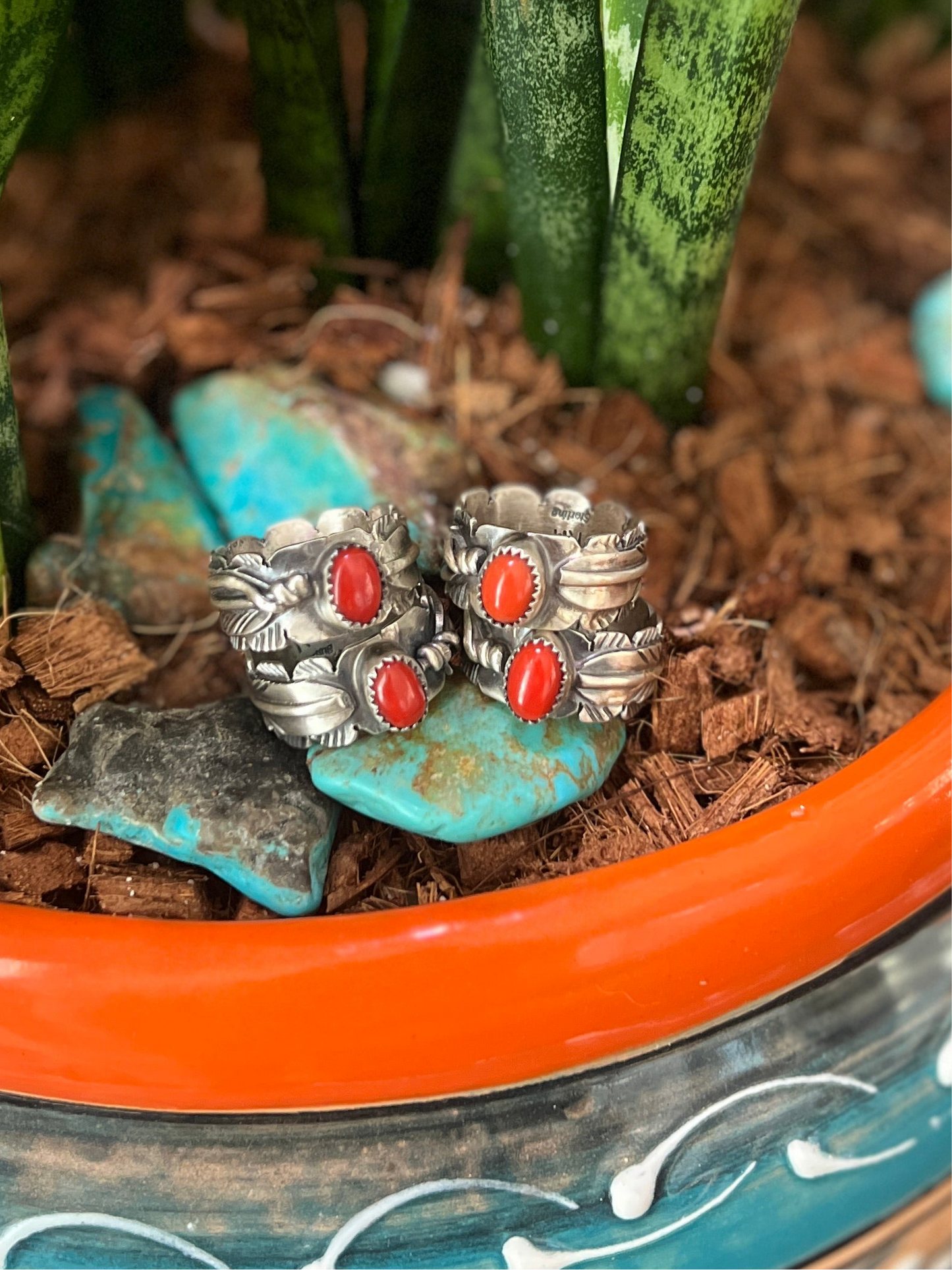 Navajo Sterling Silver Stout Feather Rings with Mediterranean Coral, Signed KM