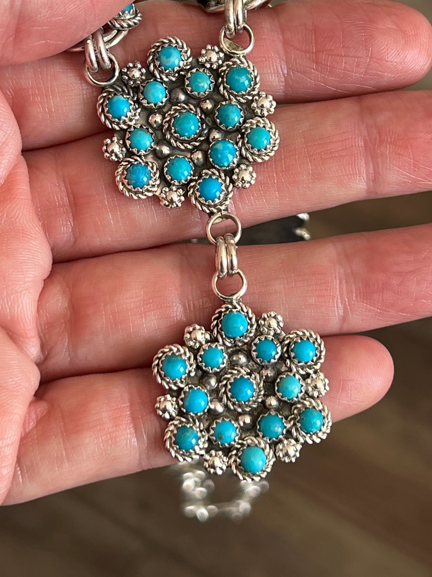 Zuni Sterling and Snake Eye Turquoise Link and Cluster Necklace by Dillon Cheama