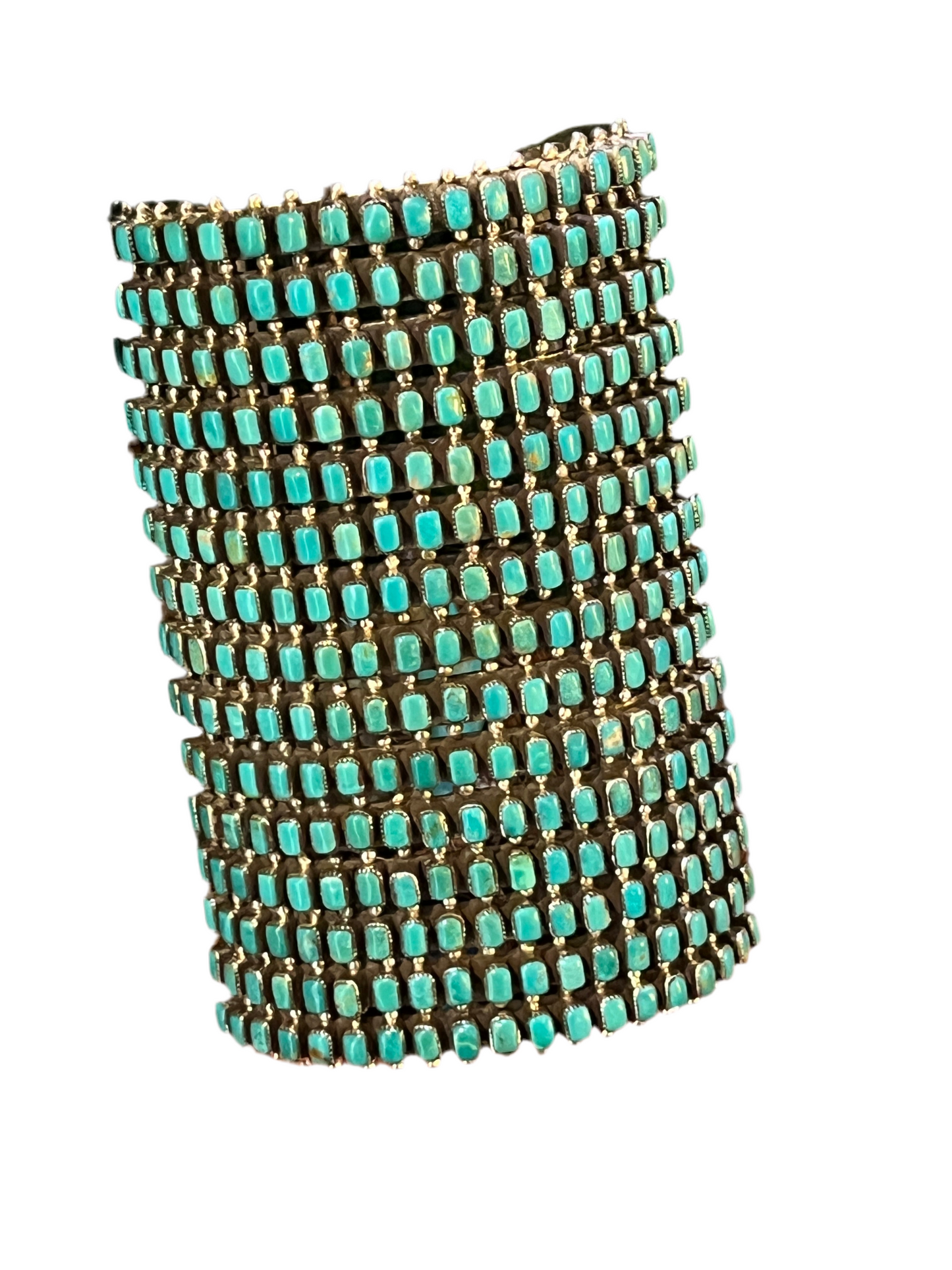 Epic Navajo Made 15 Row Sterling Silver and Turquoise Gauntlet Style Cuff Bracelet