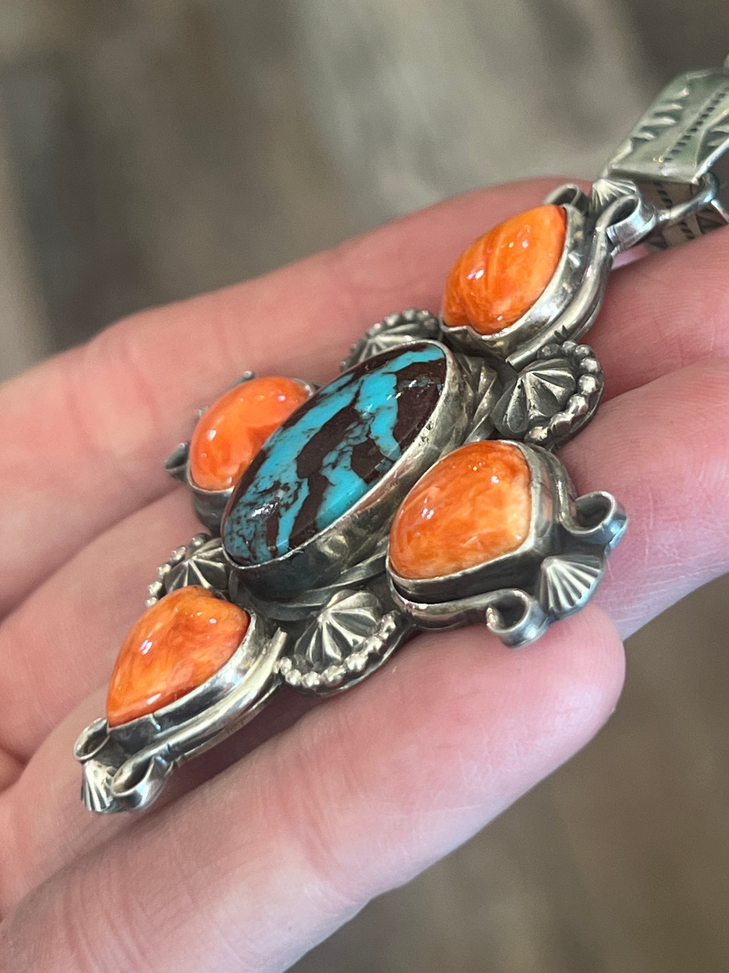 Rosella Paxson Sterling Silver, Spiny Oyster Shell and Egyptian Turquoise Cluster Pendant