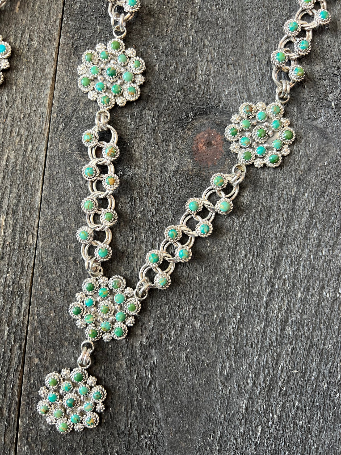 Zuni Sterling and Snake Eye Turquoise Link and Cluster Necklace by Dillon Cheama