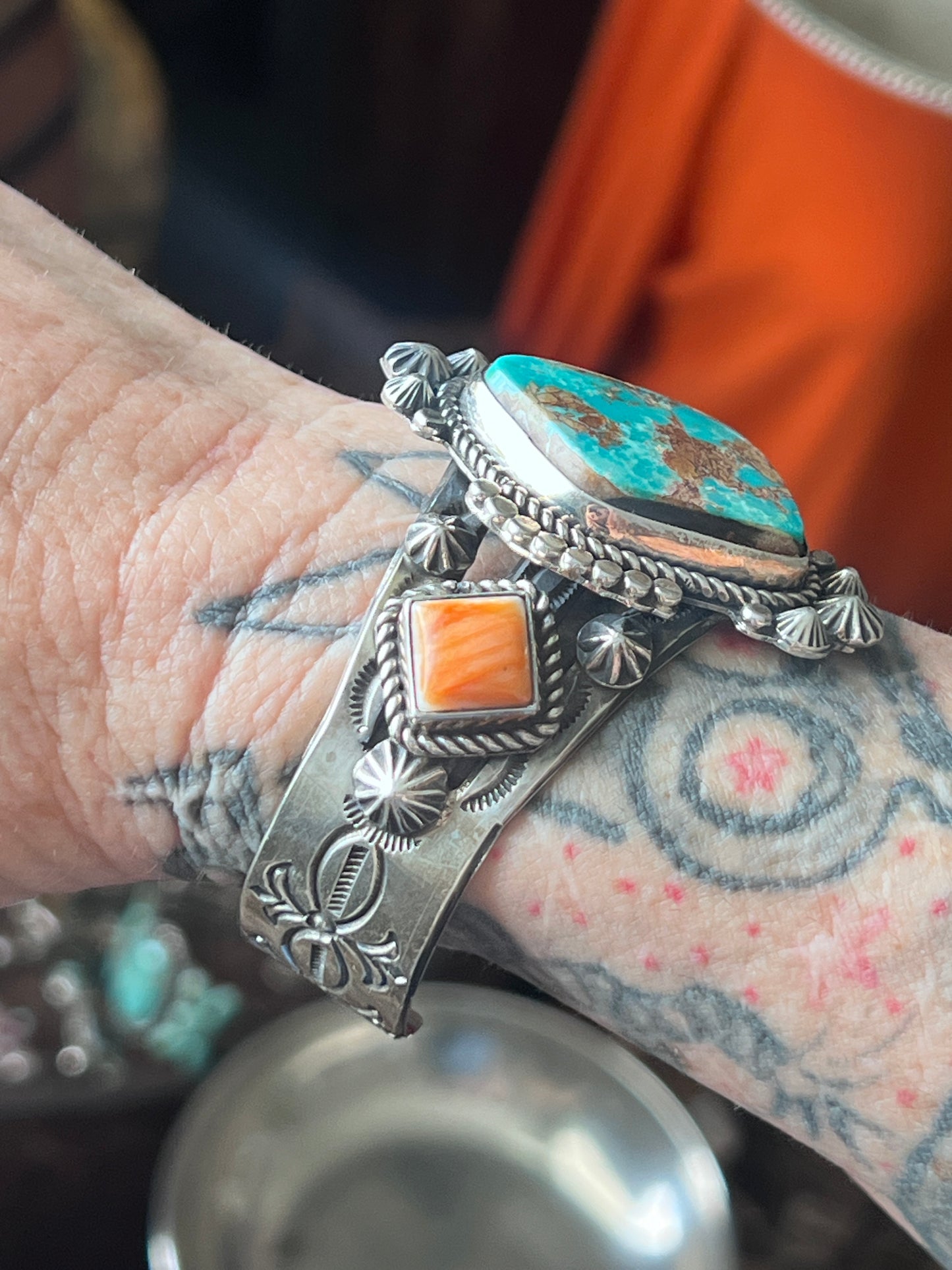 Rosella Paxson Pilot Mountain Turquoise and Spiny Oyster Stamped Split Cuff