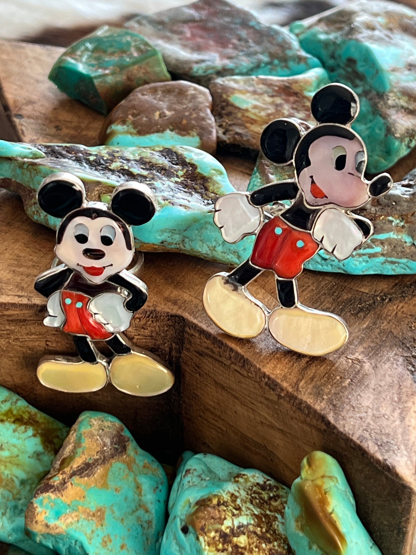 Zuni Made Mickey Mouse Multi Stone Inlay Rings by Don Dewa, Adjustable