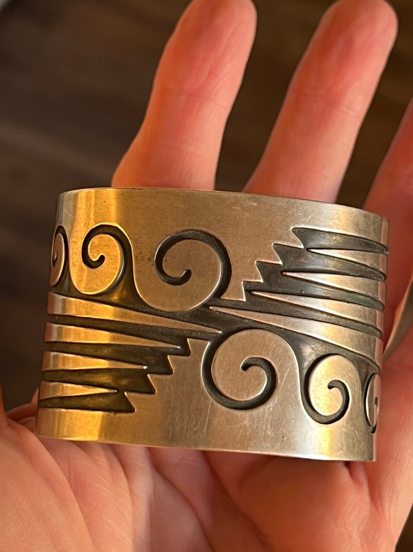 Old Pawn Sterling Silver Navajo Water Design Overlay Cuff, Unsigned
