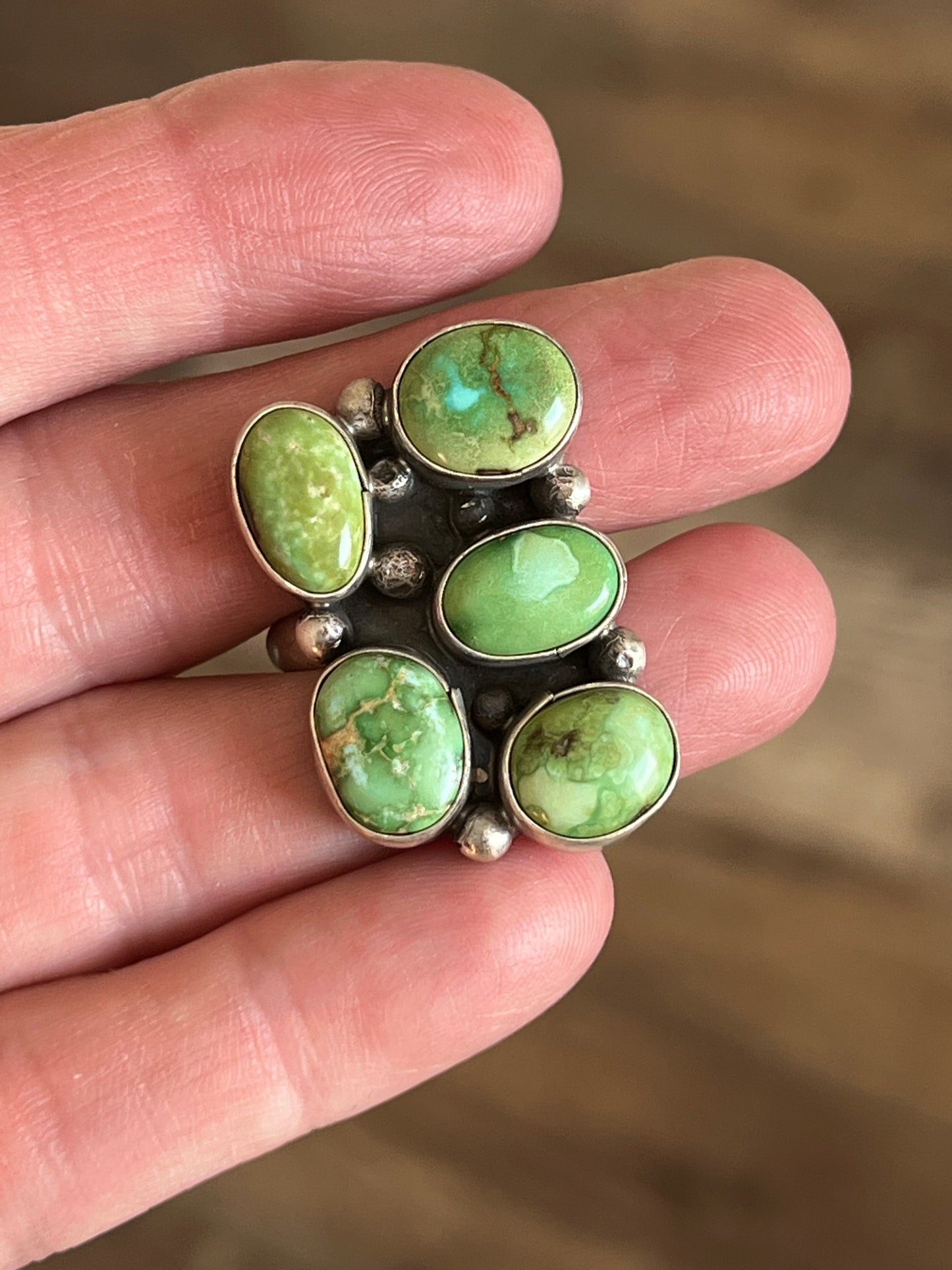 Navajo Sterling Silver and Sonoran Gold Turquoise Cluster Rings by Travis Jim, Size 8