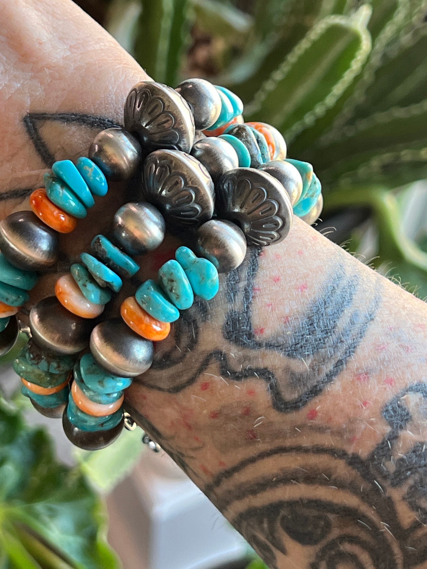Navajo Made Chunky Sterling Silver, Turquoise and Spiny Oyster Shell Beaded Bracelet, Adjustable