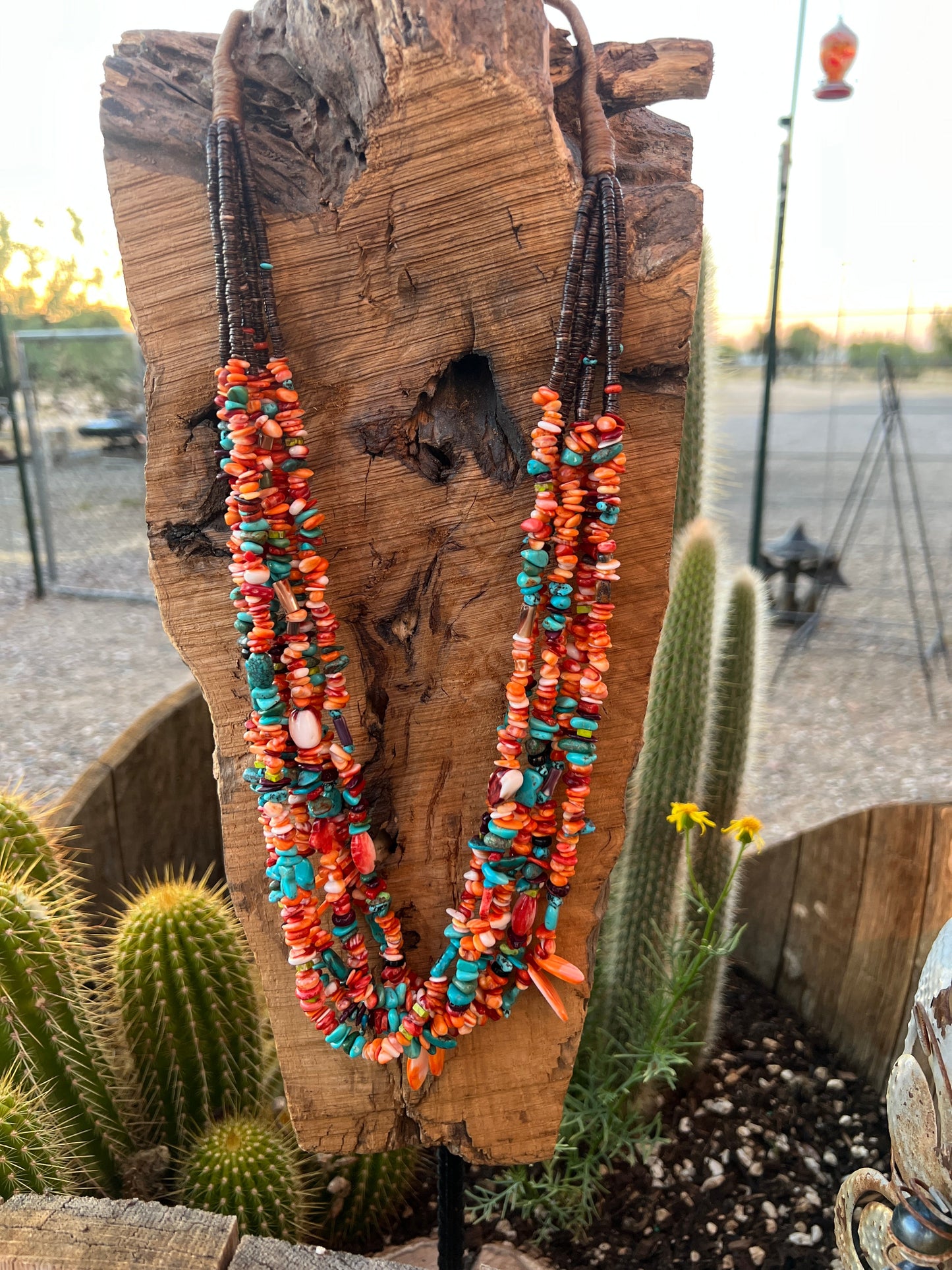 Gorgeous Navajo Made Six Strand Spiny Oyster and Turquoise Beaded Squaw Wrap Necklace with Spiny Oyster Tabs