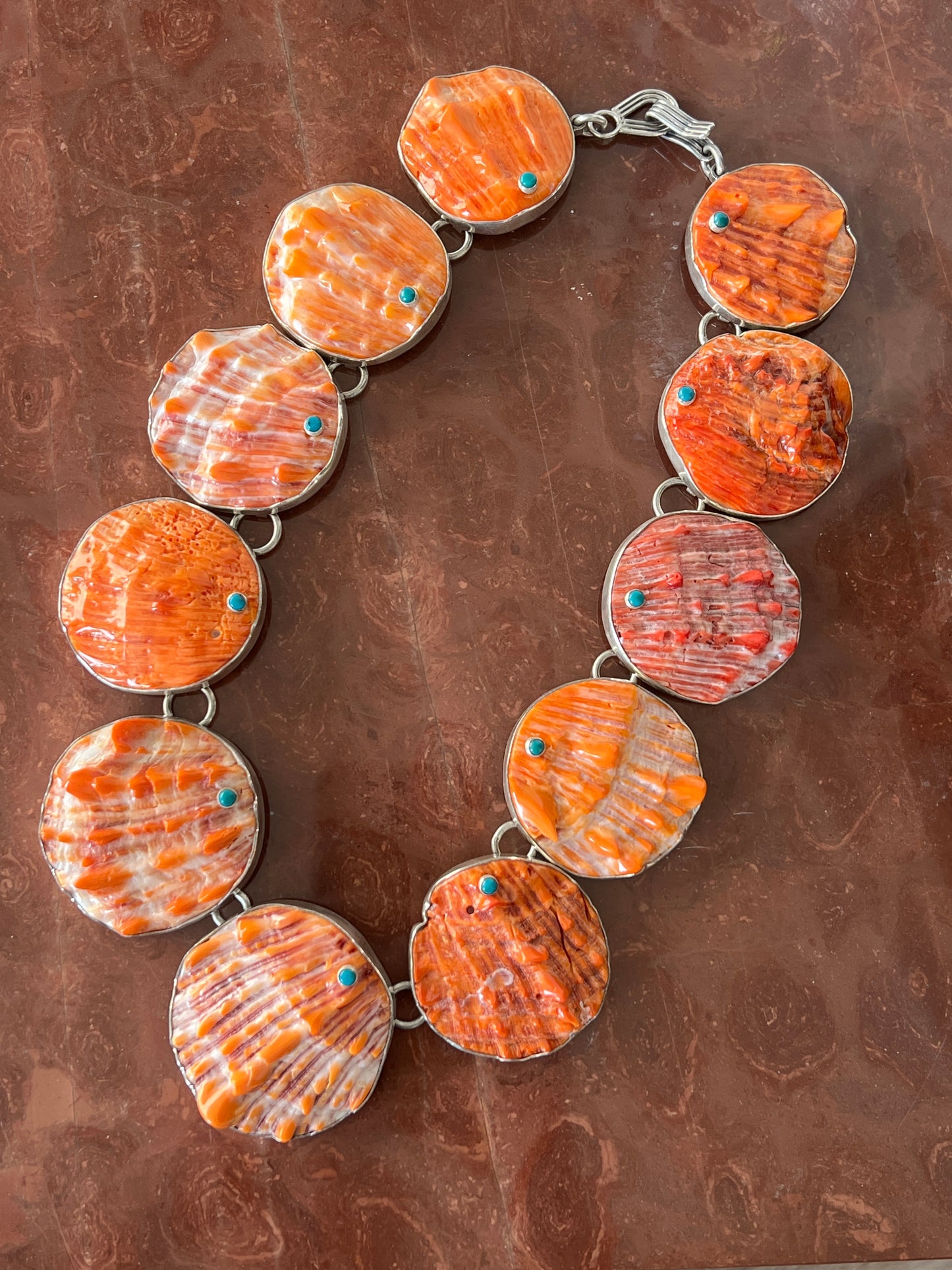 Stunning Sterling Silver, Spiny Oyster Shell and Turquoise Statement Necklace by Federico Jimenez