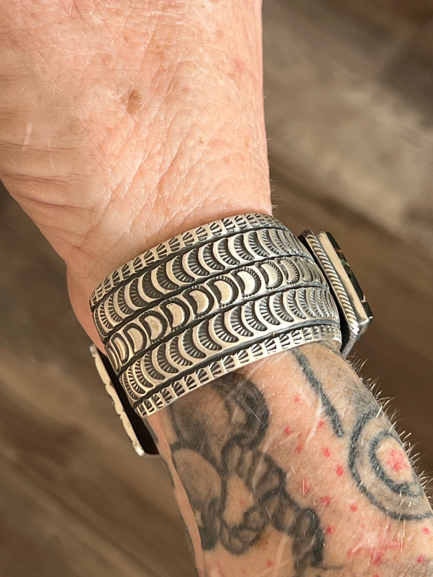 Navajo Sterling Silver and Blackjack Turquoise Hand Stamped Cuff Bracelet by Randy Boyd