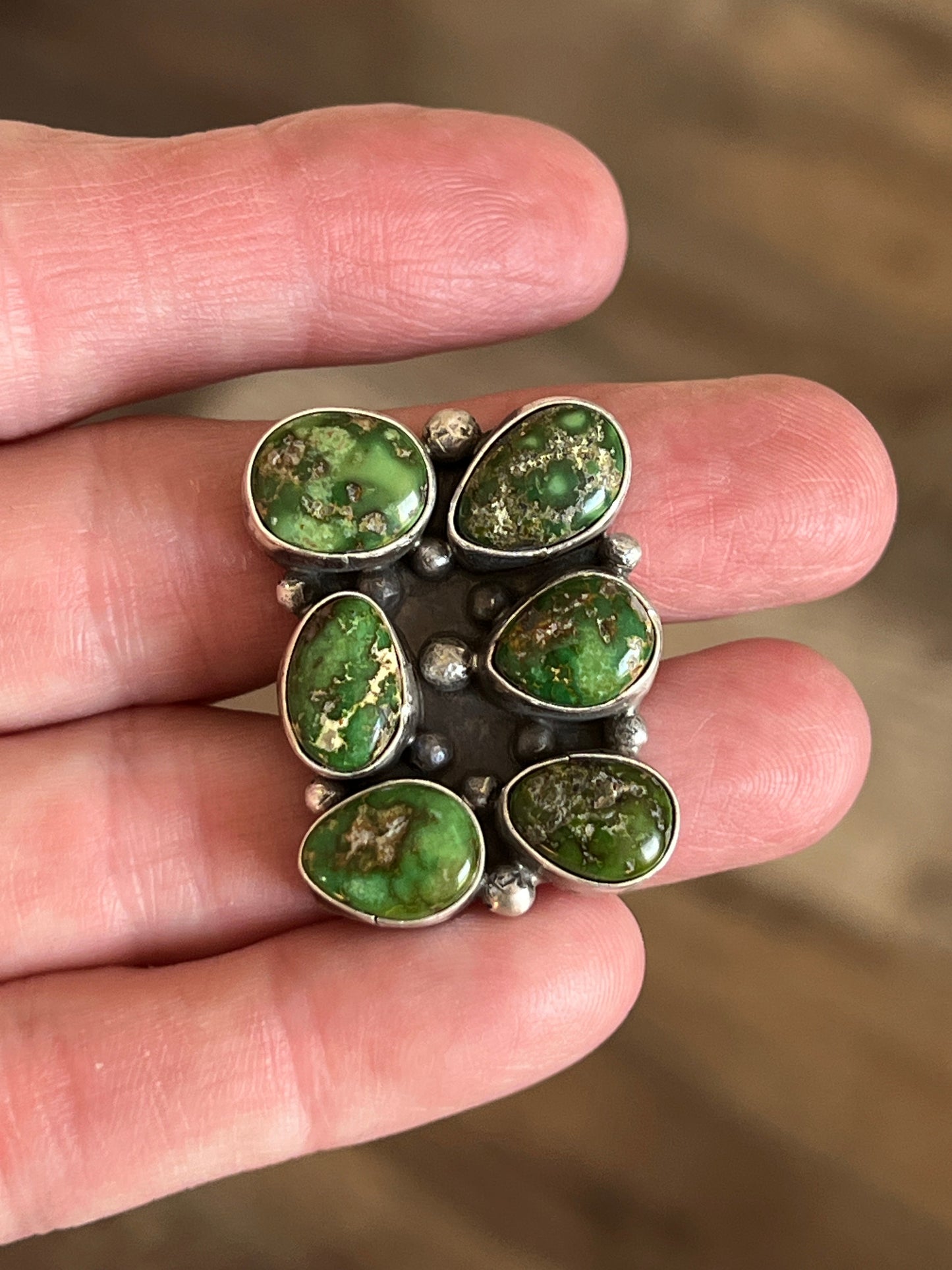 Navajo Sterling Silver and Sonoran Gold Turquoise Cluster Rings by Travis Jim, Size 8