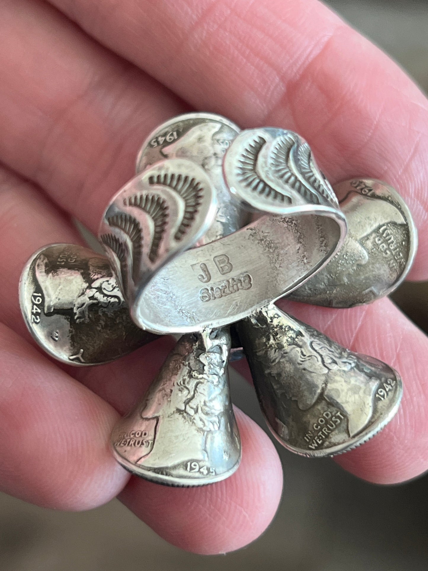 Navajo Sterling and Coin Silver Mercury Dime Flower Ring with Orange Spiny Oyster by James Begay, Adjustable