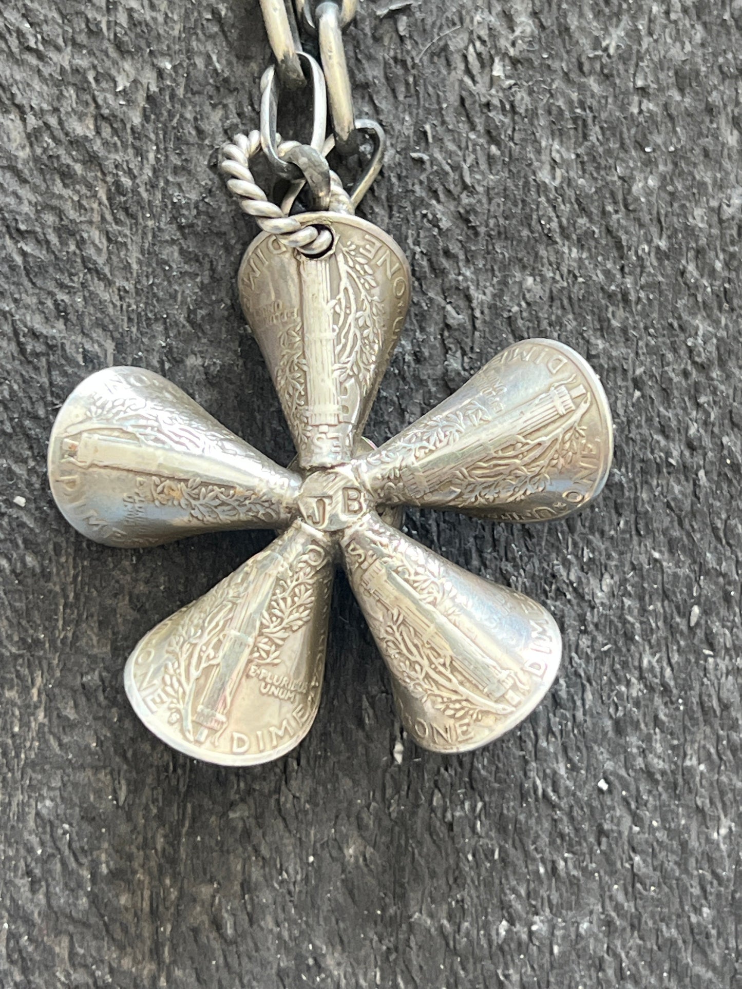 Navajo Sterling and Coin Silver Mercury Dime Flower Pendant with Turquoise on Handmade Chain by James Begay