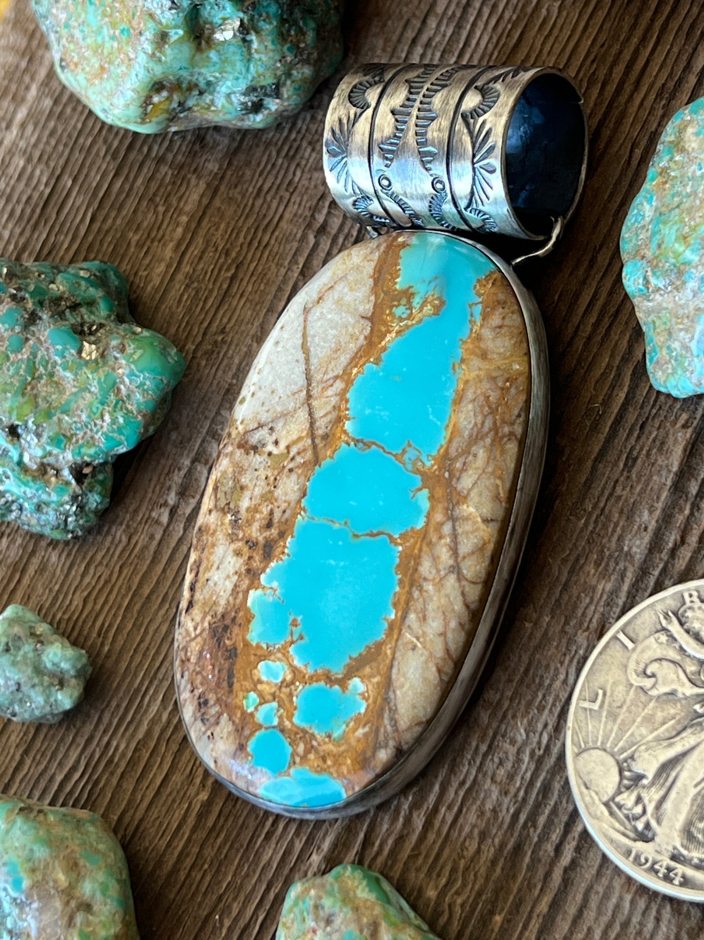 Navajo Sterling Silver and Royston Ribbon Turquoise Solo Pendant by Angela Martin