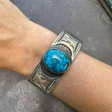Native Made Sterling Silver and Turquoise Heavy Gauge Cuff Bracelet by Al & Kimari Somers