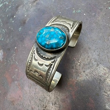 Native Made Sterling Silver and Turquoise Heavy Gauge Cuff Bracelet by Al & Kimari Somers