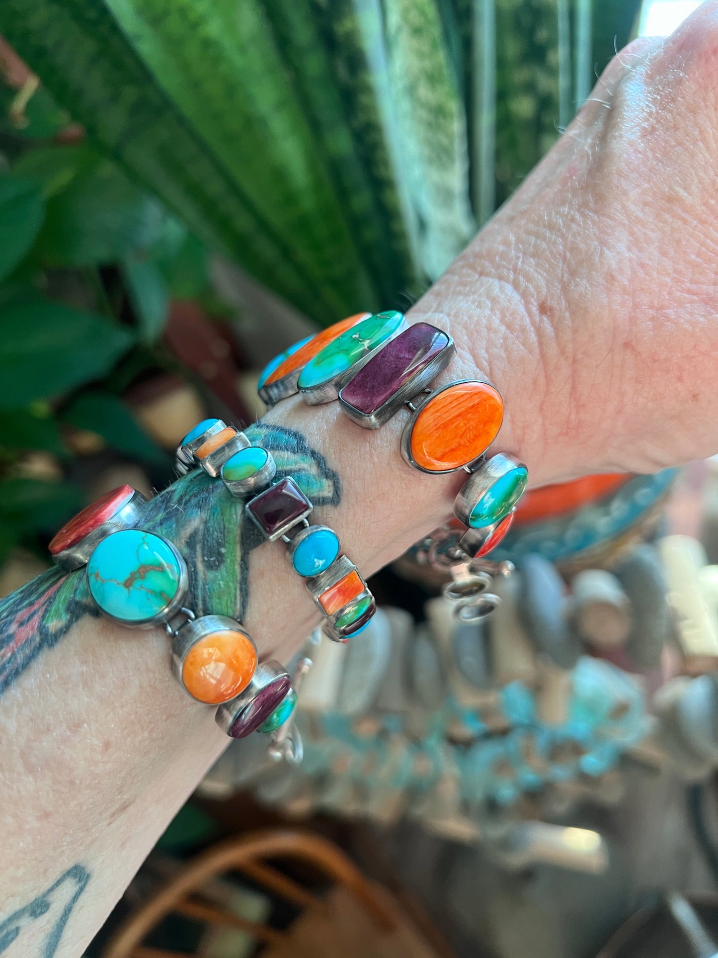 Sterling Silver Electric Rainbow Link Turquoise and Spiny Oyster Bracelet by Thomas Valencia, Mini Ovals & Rectangles