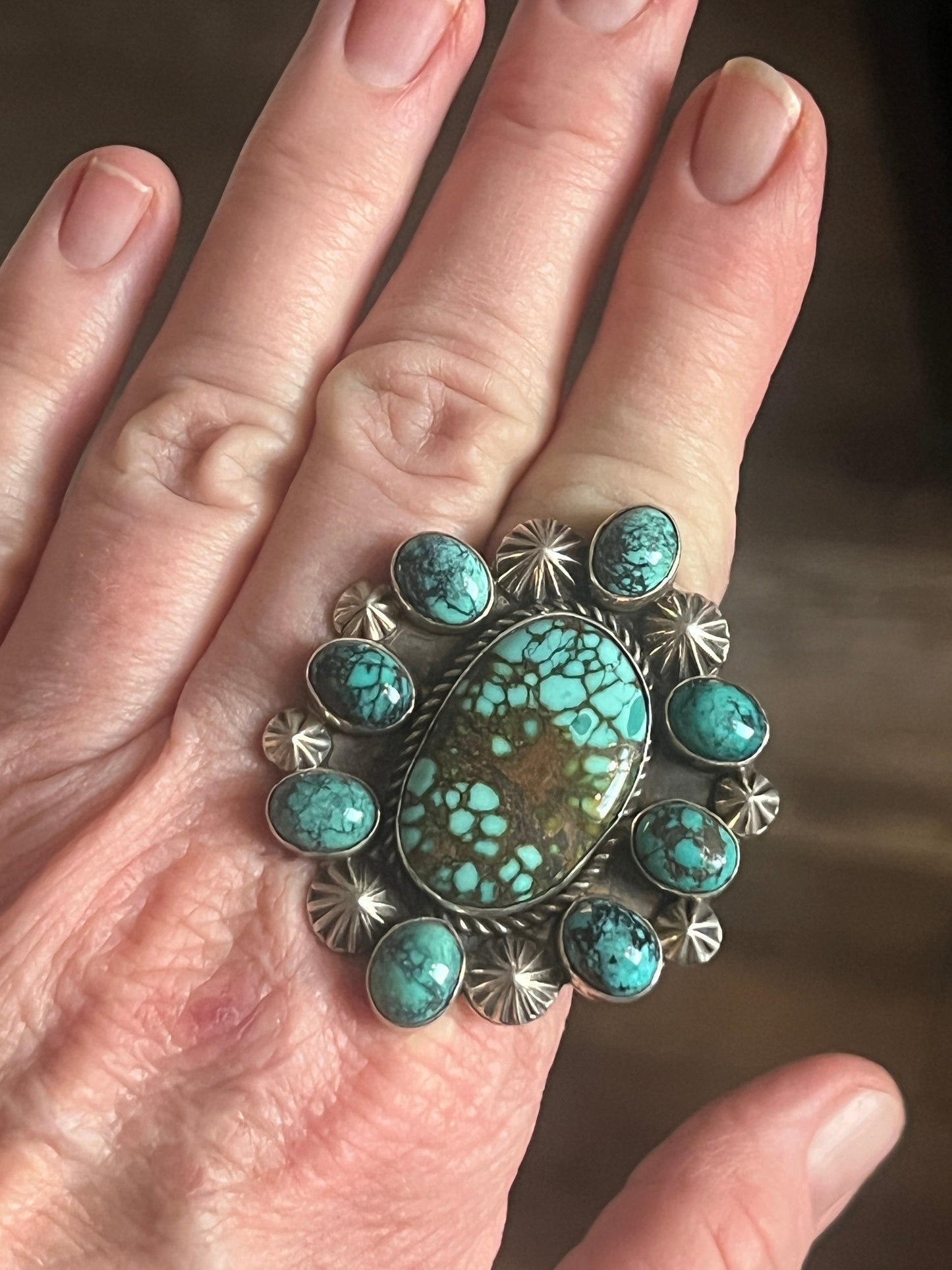Apache Sterling Silver and Hubei Turquoise Cluster Ring by Rosella Paxson, Size 8.75