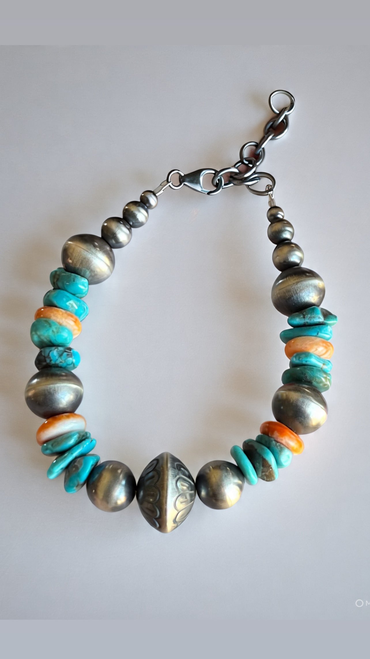 Navajo Made Chunky Sterling Silver, Turquoise and Spiny Oyster Shell Beaded Bracelet, Adjustable