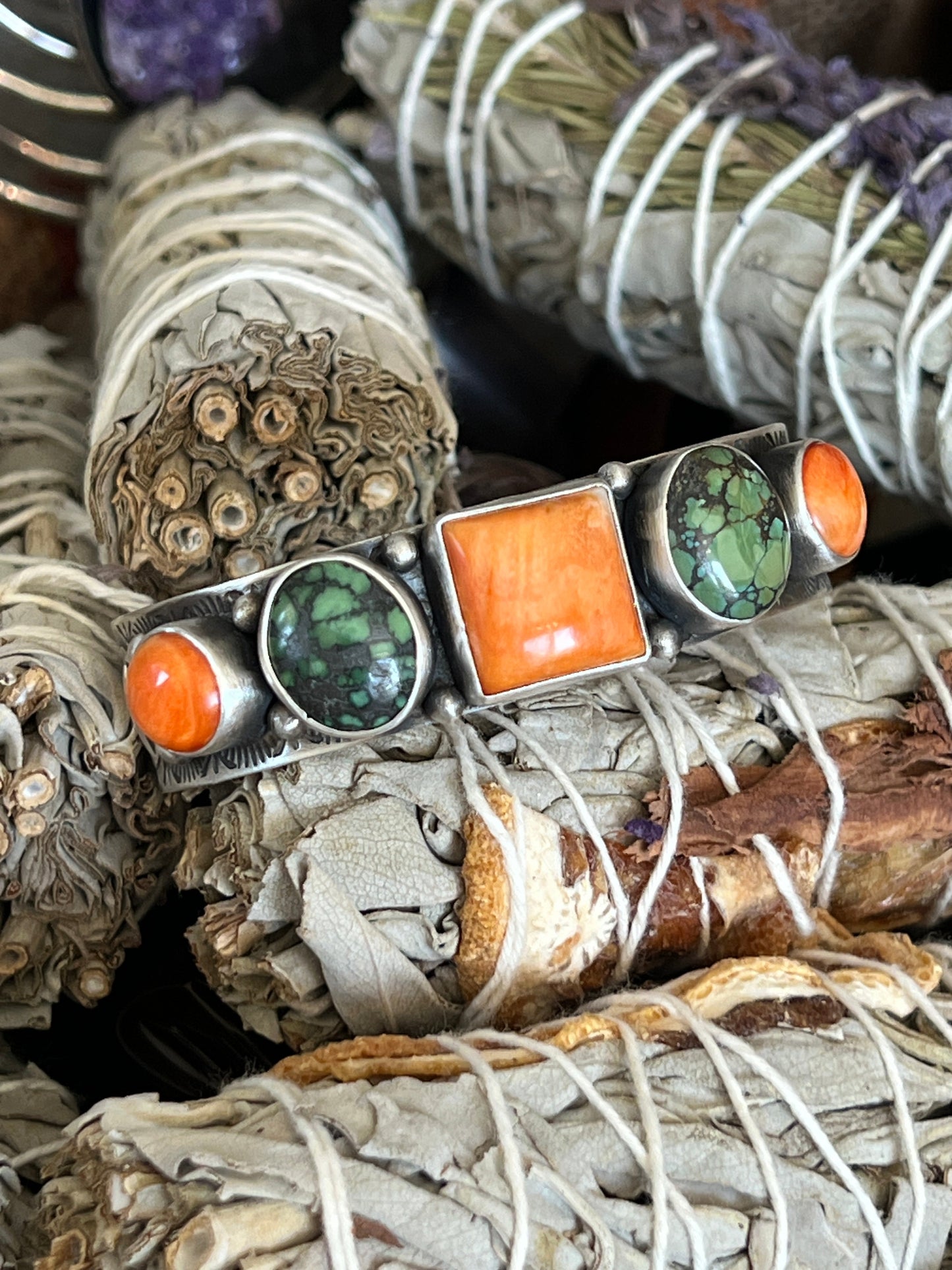 Randall Endito Spiny Oyster and Hubei Turquoise Stamped Cuff Bracelet