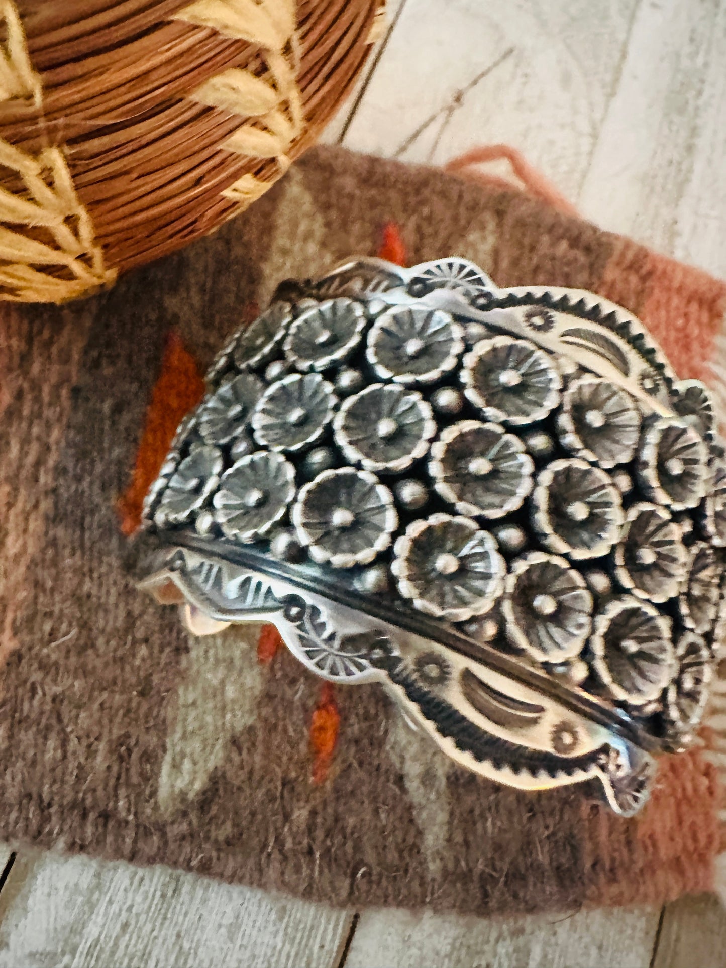Navajo Hand Stamped Sterling Silver Flower Cuff Bracelet By Leroy James