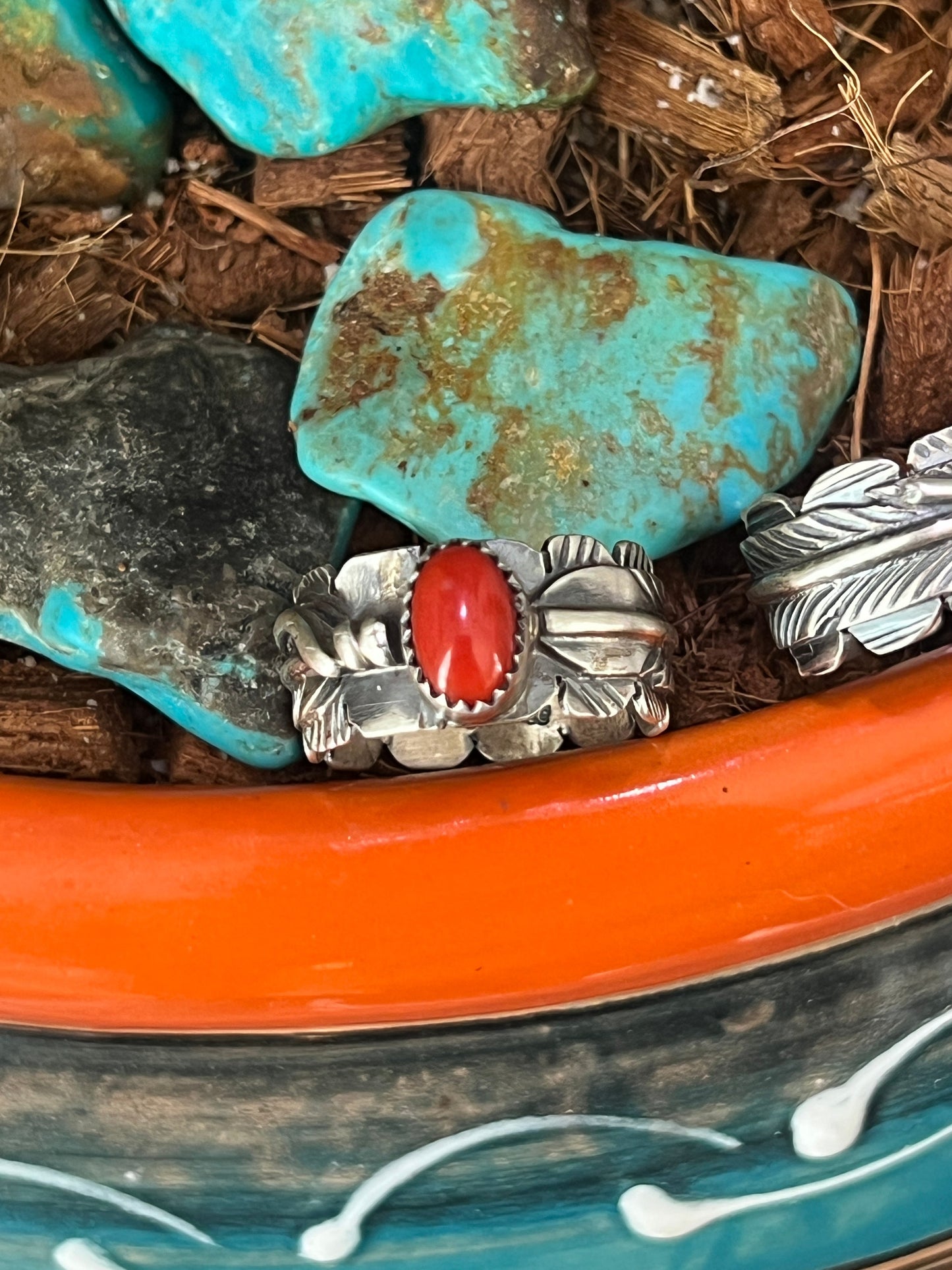 Navajo Sterling Silver Stout Feather Rings with Mediterranean Coral, Signed KM