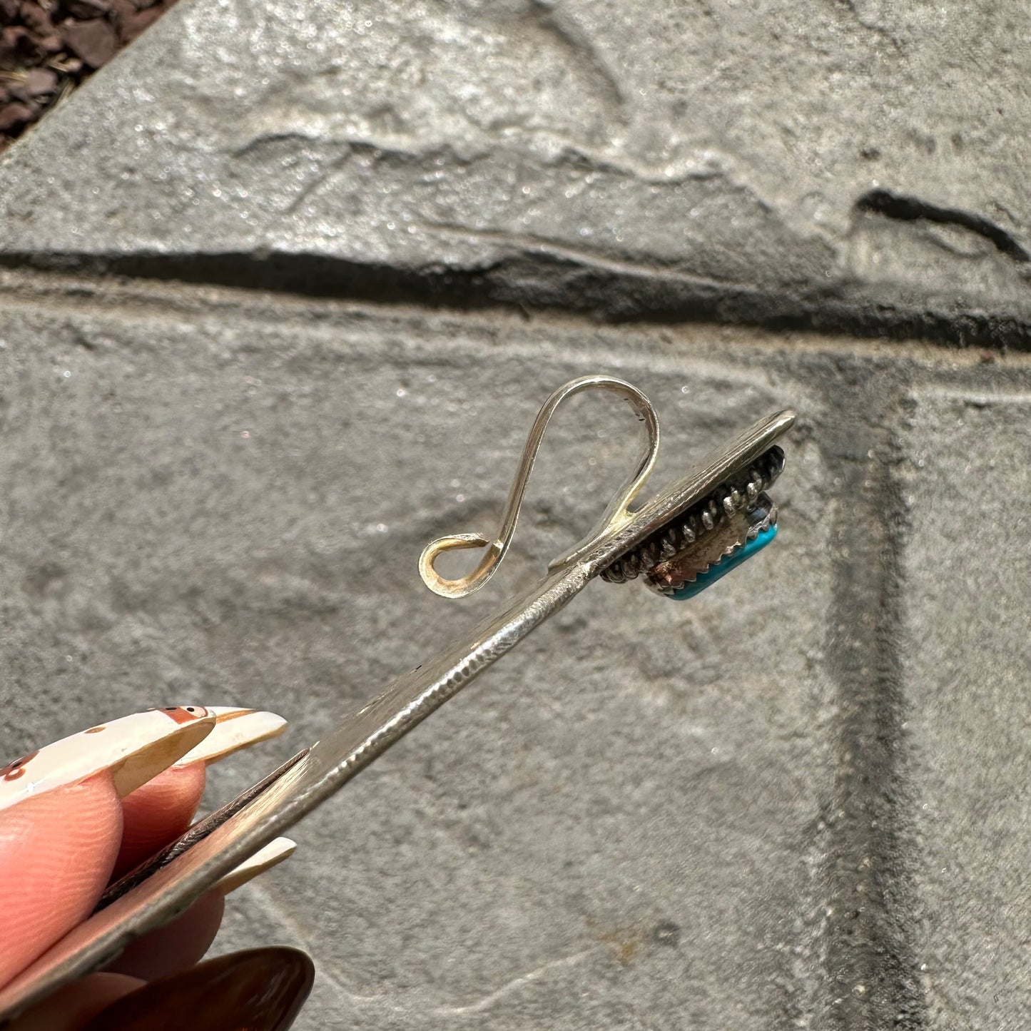 Navajo Made Tufa Cast Sterling Silver and Turquoise Naja Pendant by Delbert Arviso