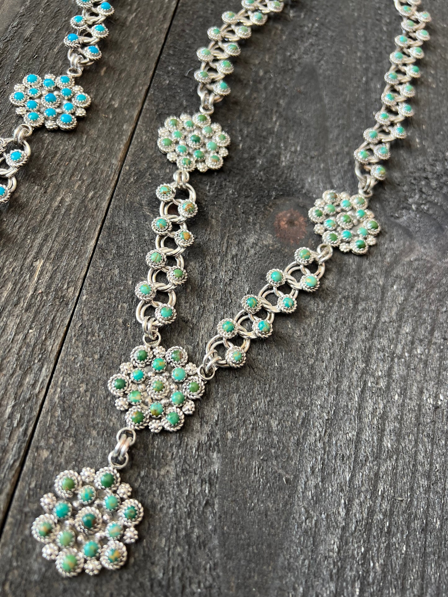 Zuni Sterling and Snake Eye Turquoise Link and Cluster Necklace by Dillon Cheama