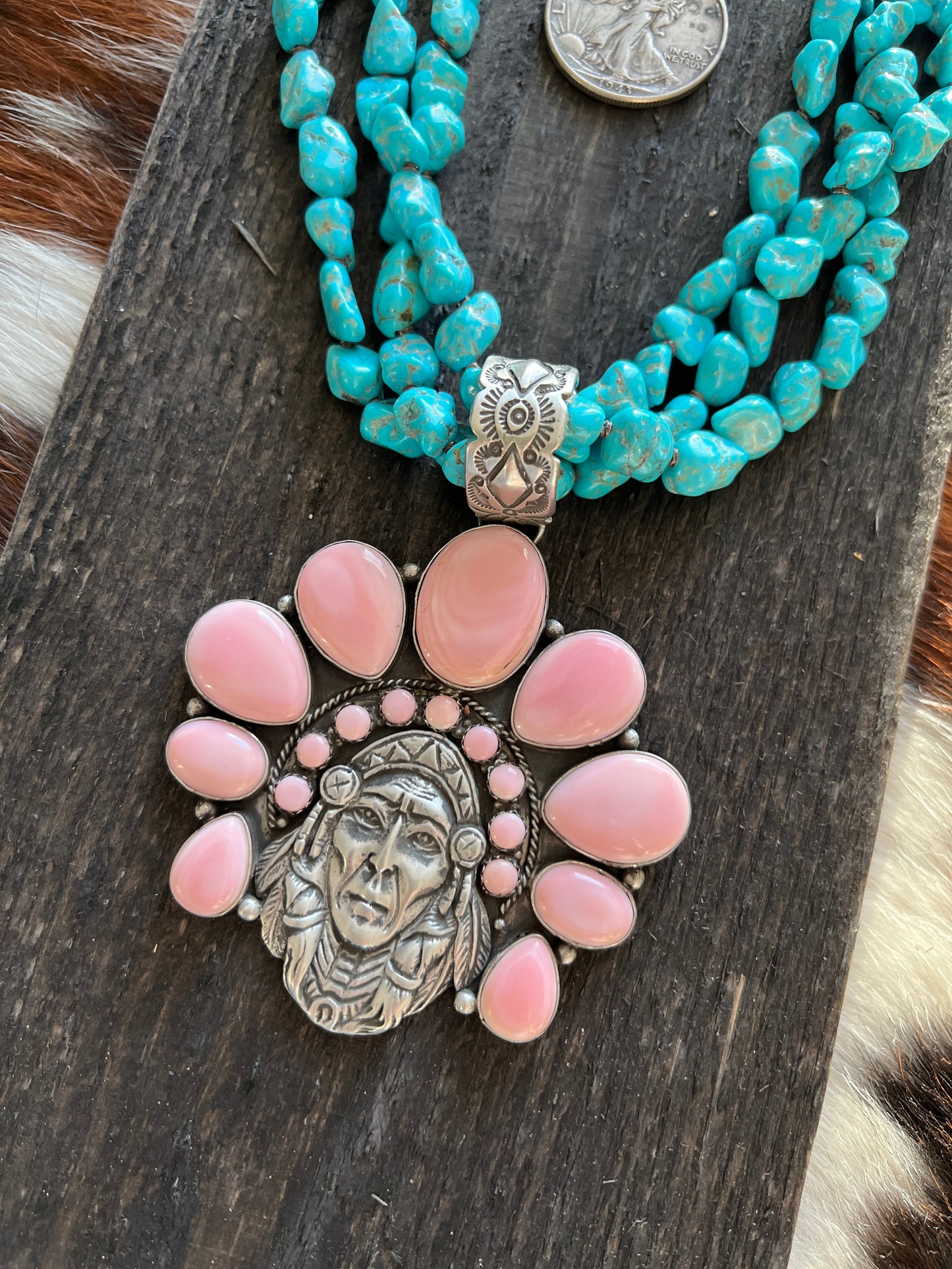 Navajo Sterling Silver Pink Conch Chief and Triple Strand Turquoise Nugget Bead Necklace by Patrick Yazzie
