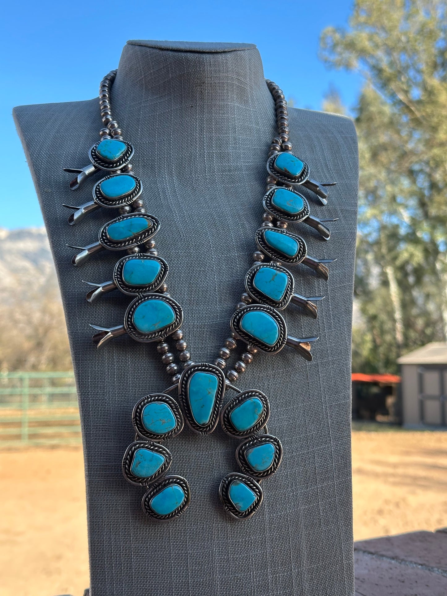 Estate Collection Old Pawn Navajo Turquoise & Sterling Silver Squash Blossom Necklace
