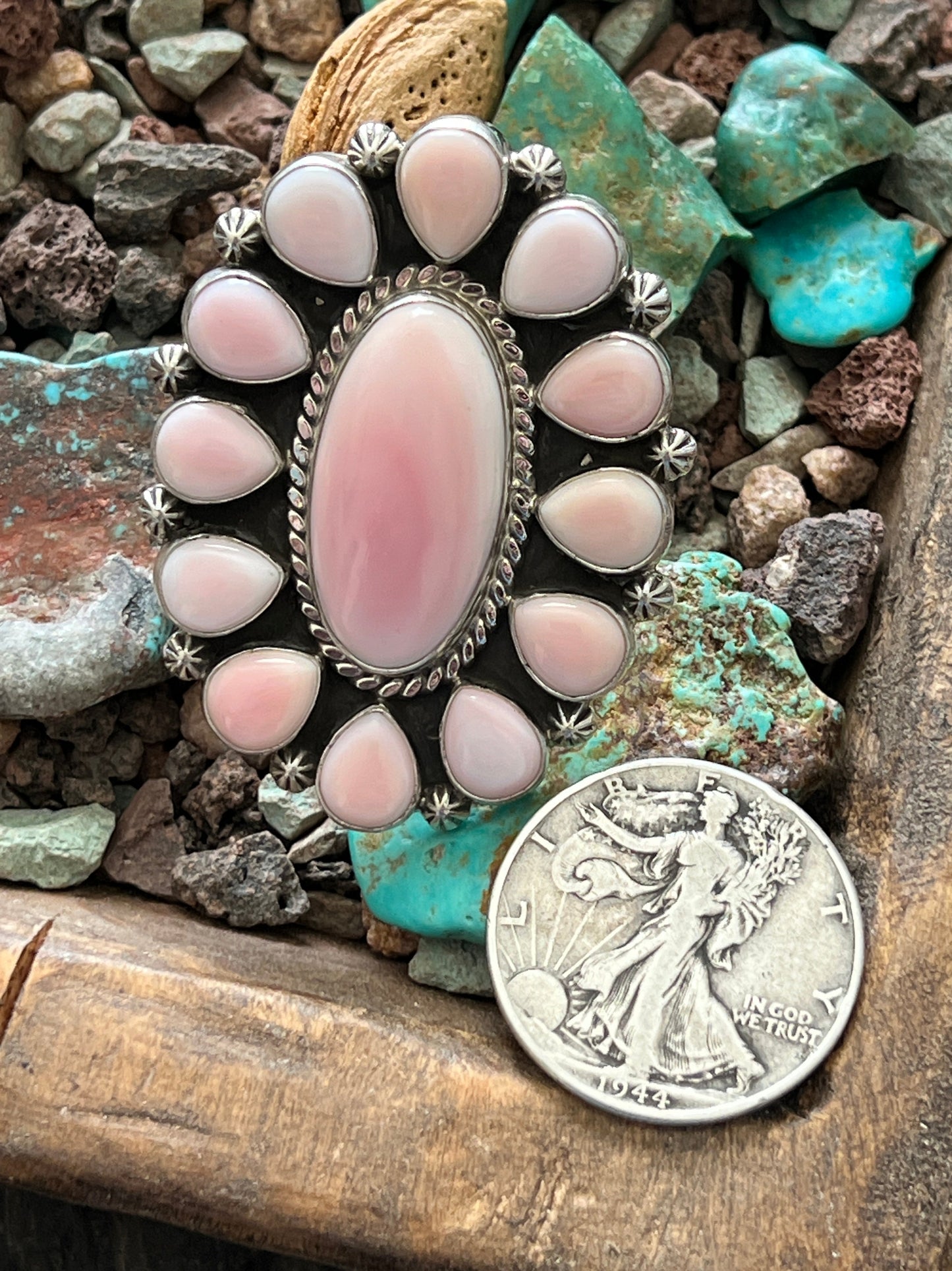 Navajo Sterling Silver and Oval Queen Pink Conch Shell Cluster Ring by Aaron Tallis, Adjustable