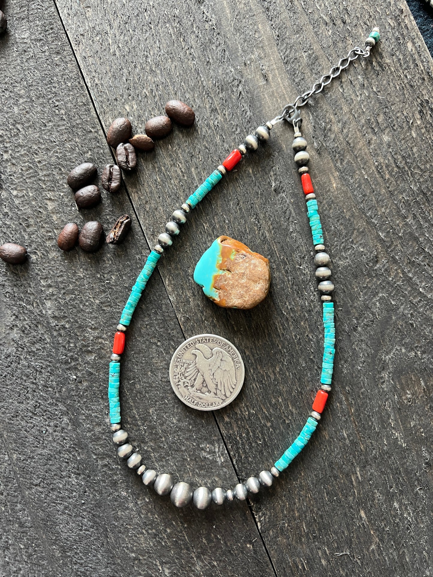 Summer Lovin’ Navajo Beaded Layering Necklace with Sterling Silver, Turquoise and Mediterranean Coral, 14” + 2”, The Beach Cruiser