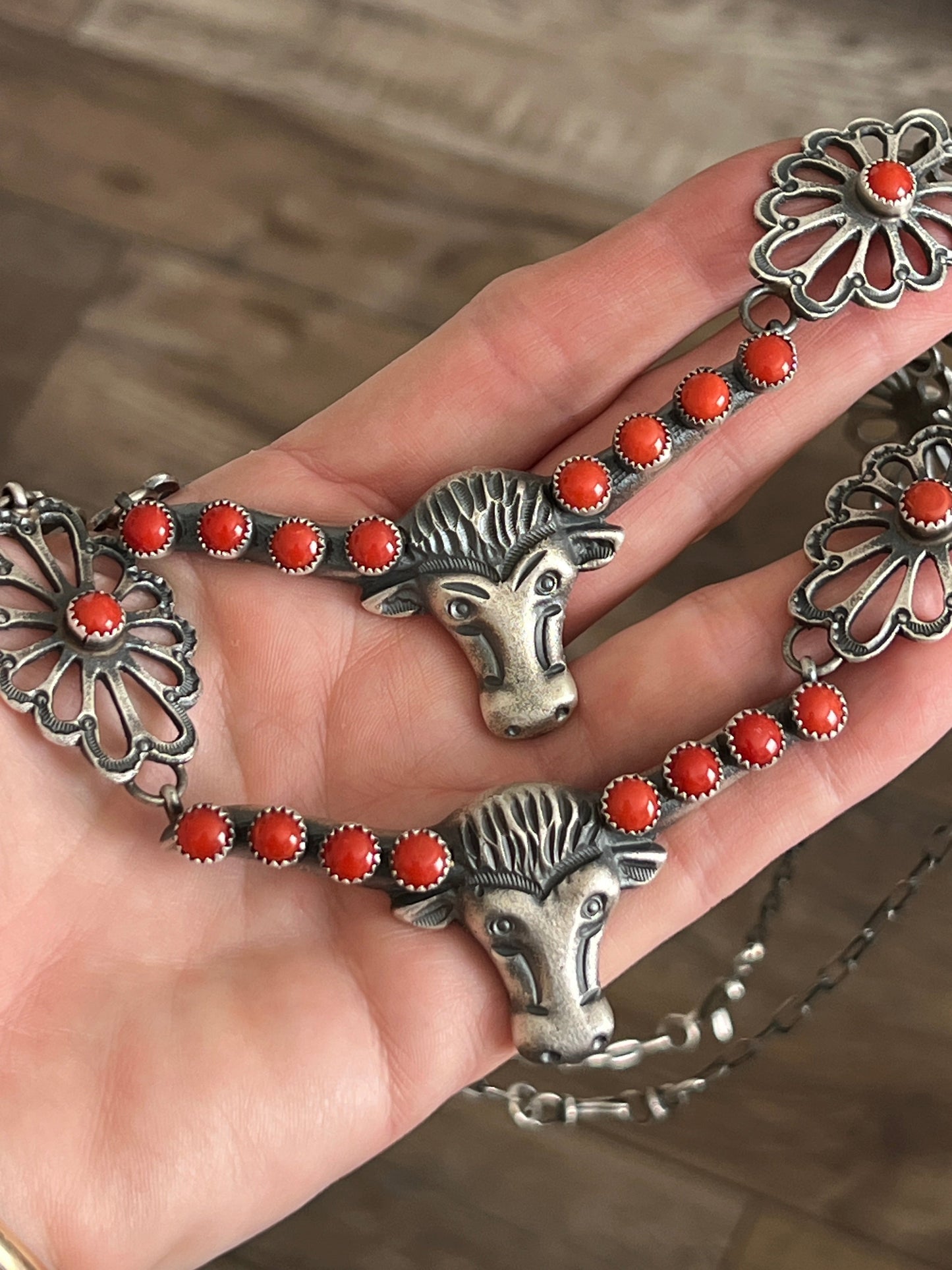 Navajo Sterling Silver and Mediterranean Coral Steer Head Concho Necklace & Earrings by Kevin Billah
