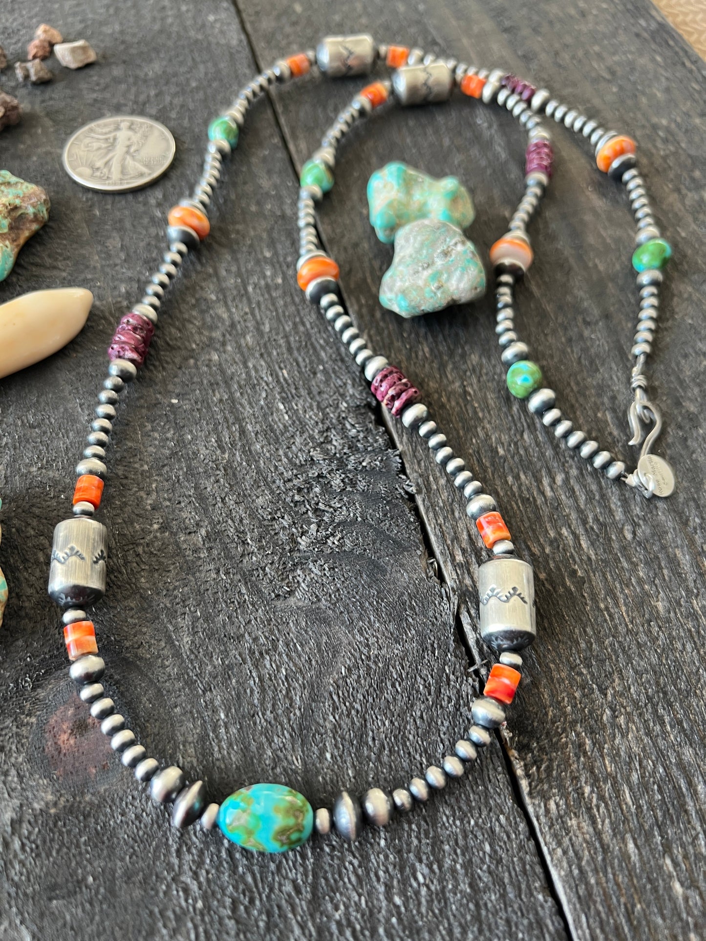 Navajo Electric Rainbow Sterling Silver, Turquoise and Spiny Oyster Single Strand Beaded Necklace by Rose Martin, 34 + 2 Inches