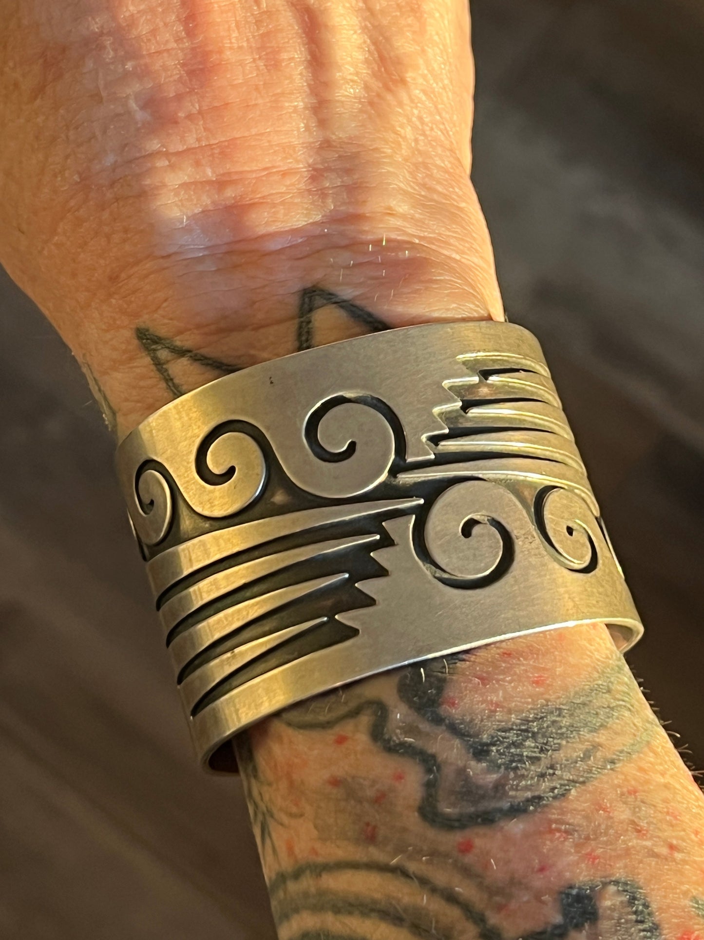 Old Pawn Sterling Silver Navajo Water Design Overlay Cuff, Unsigned