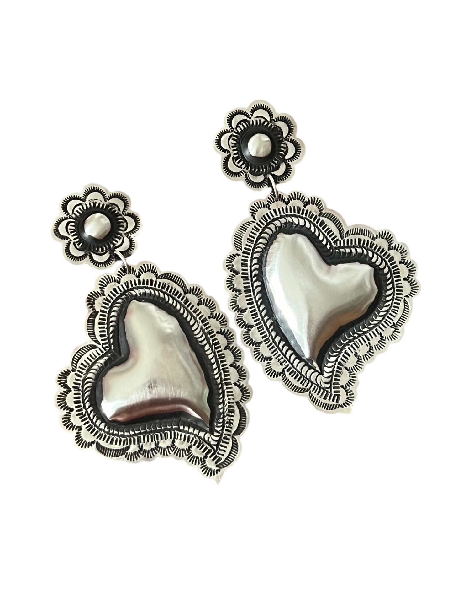 Handmade Navajo Sterling Silver Stamped Repousse Heart Earrings by Leander Tahe, AH2