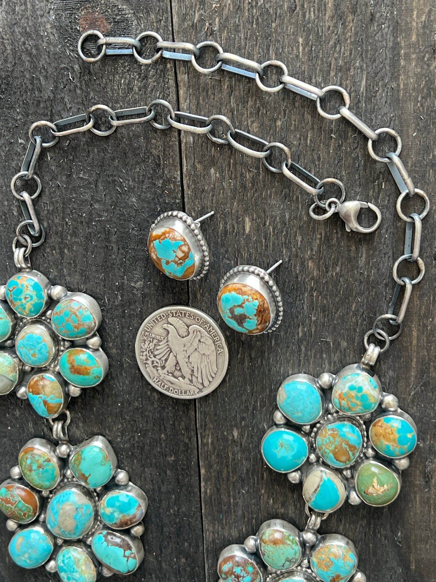 Navajo Big Mama Sterling Silver and Royston Turquoise Cluster Necklace with Matching Earrings by Sheila Becenti