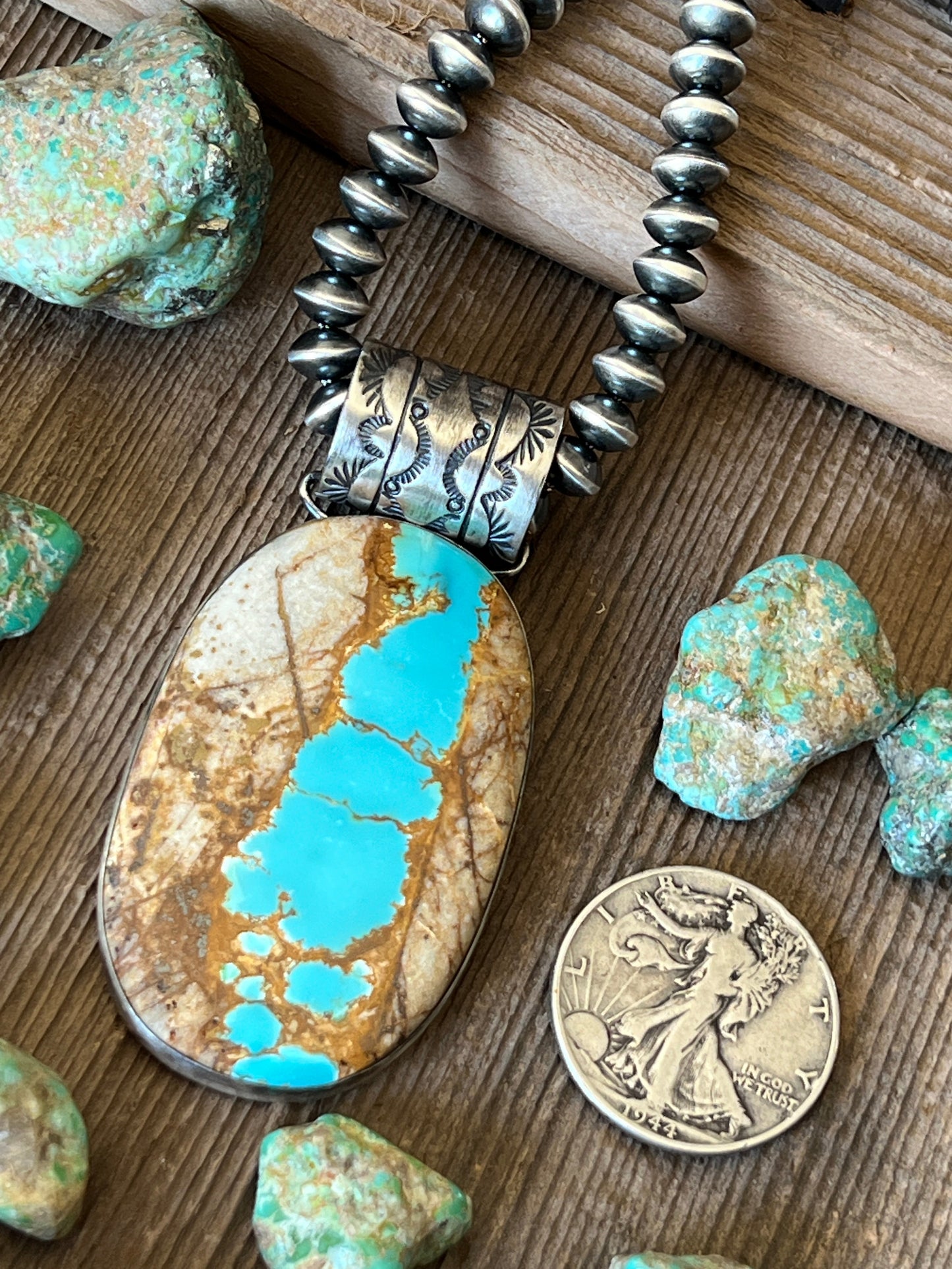 Navajo Sterling Silver and Royston Ribbon Turquoise Solo Pendant by Angela Martin