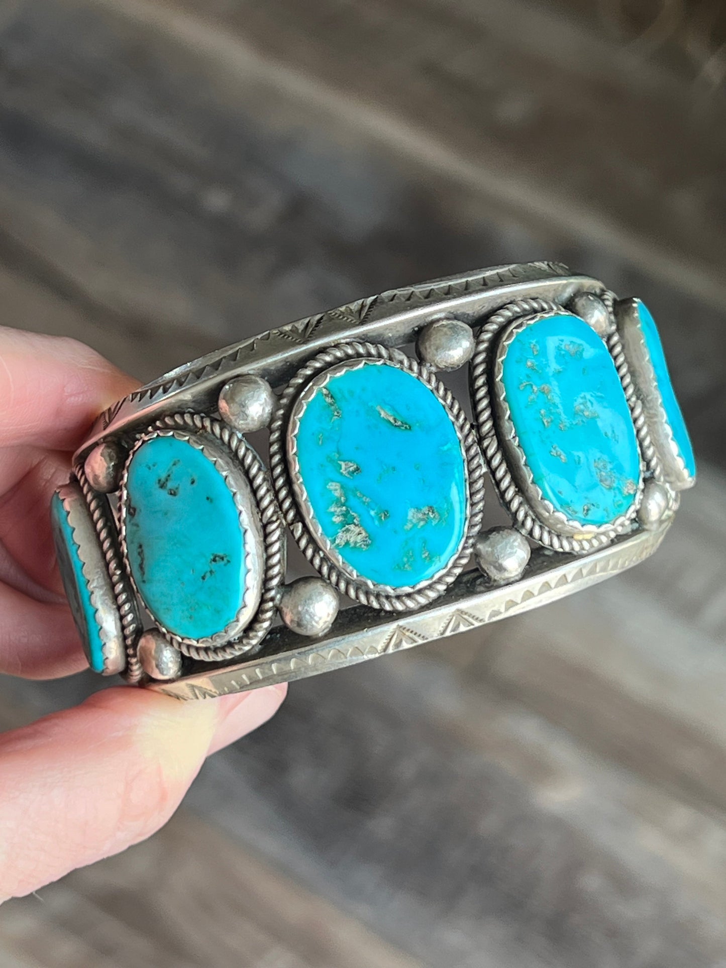 Old Pawn Navajo Sterling Silver and Natural Sleeping Beauty Turquoise Cuff Bracelet, Signed D