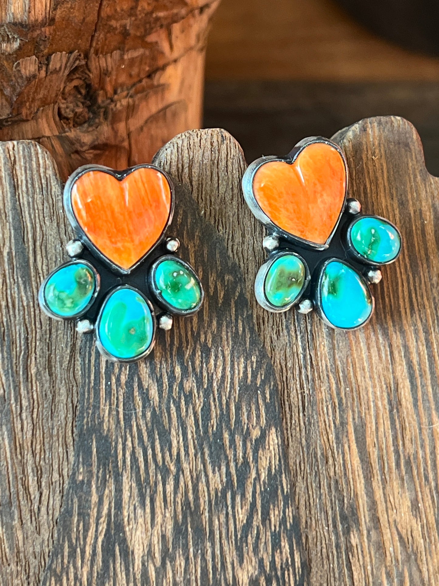 Vibrant Navajo Sterling Silver, Sonoran Turquoise and Spiny Oyster Shell Heart Cluster Post Earrings by Lucy Jake