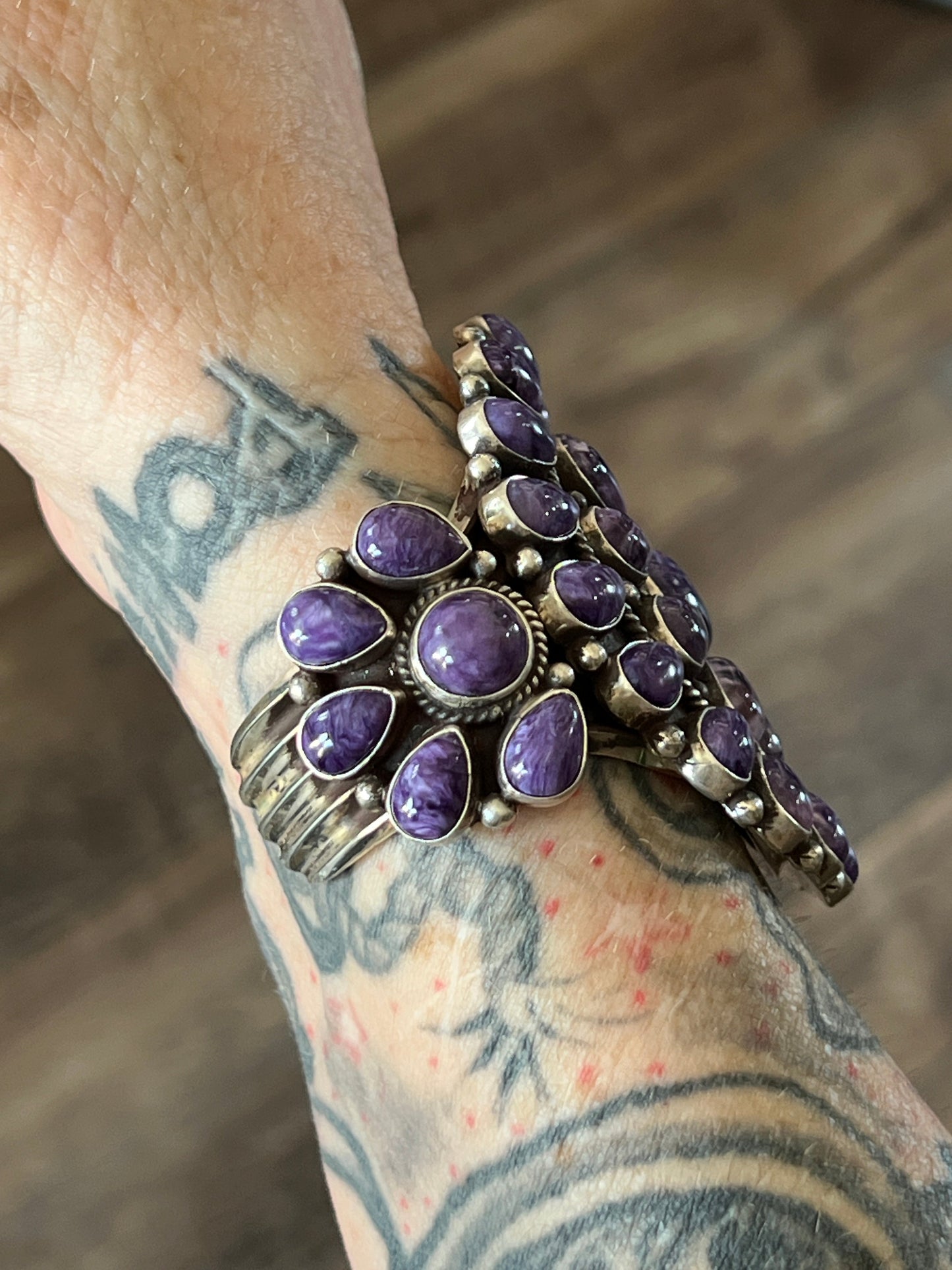 Navajo Sterling Silver and Charoite Cluster Cuff Bracelet by Tyler Brown