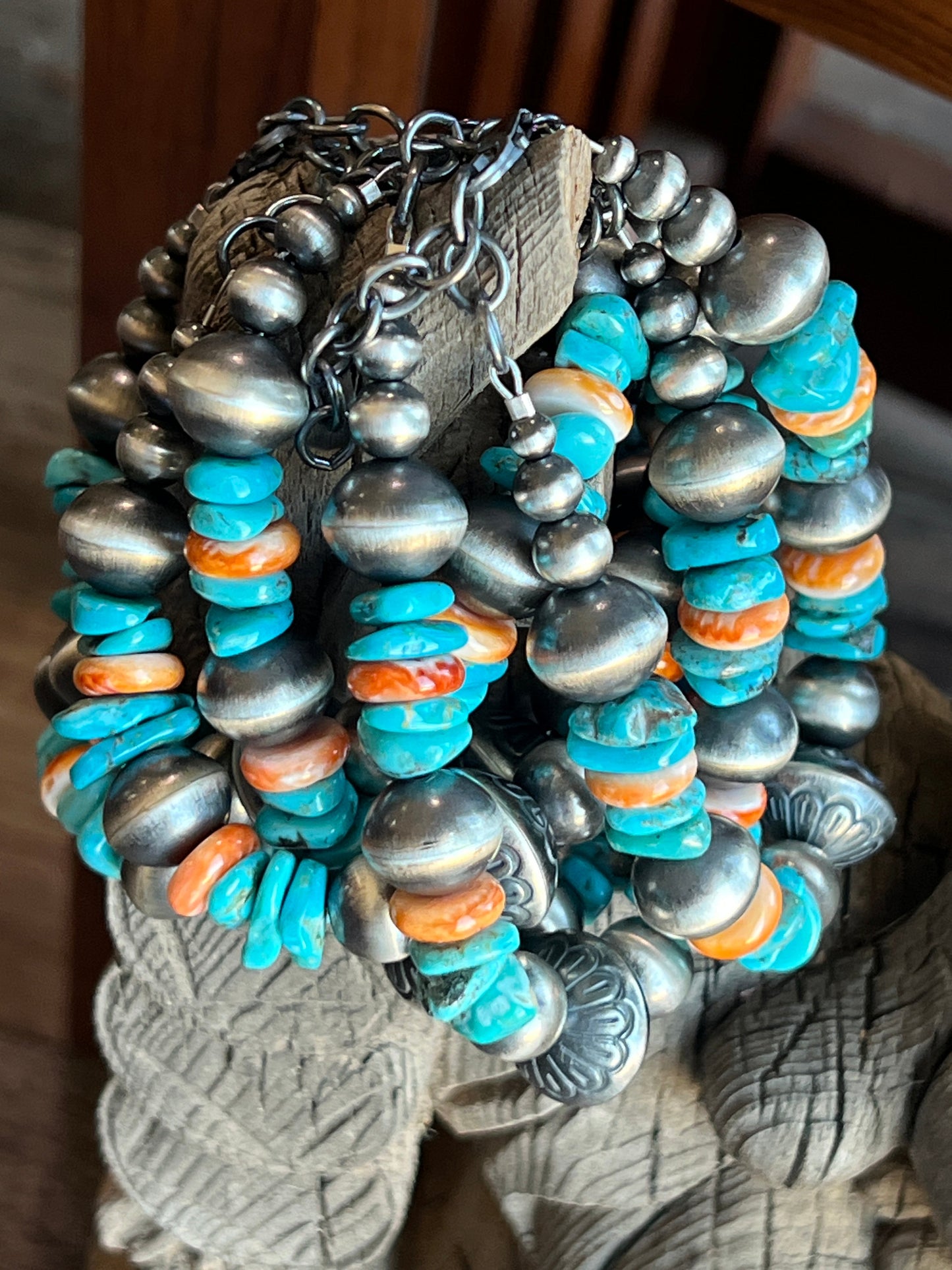 Navajo Made Chunky Sterling Silver, Turquoise and Spiny Oyster Shell Beaded Bracelet, Adjustable