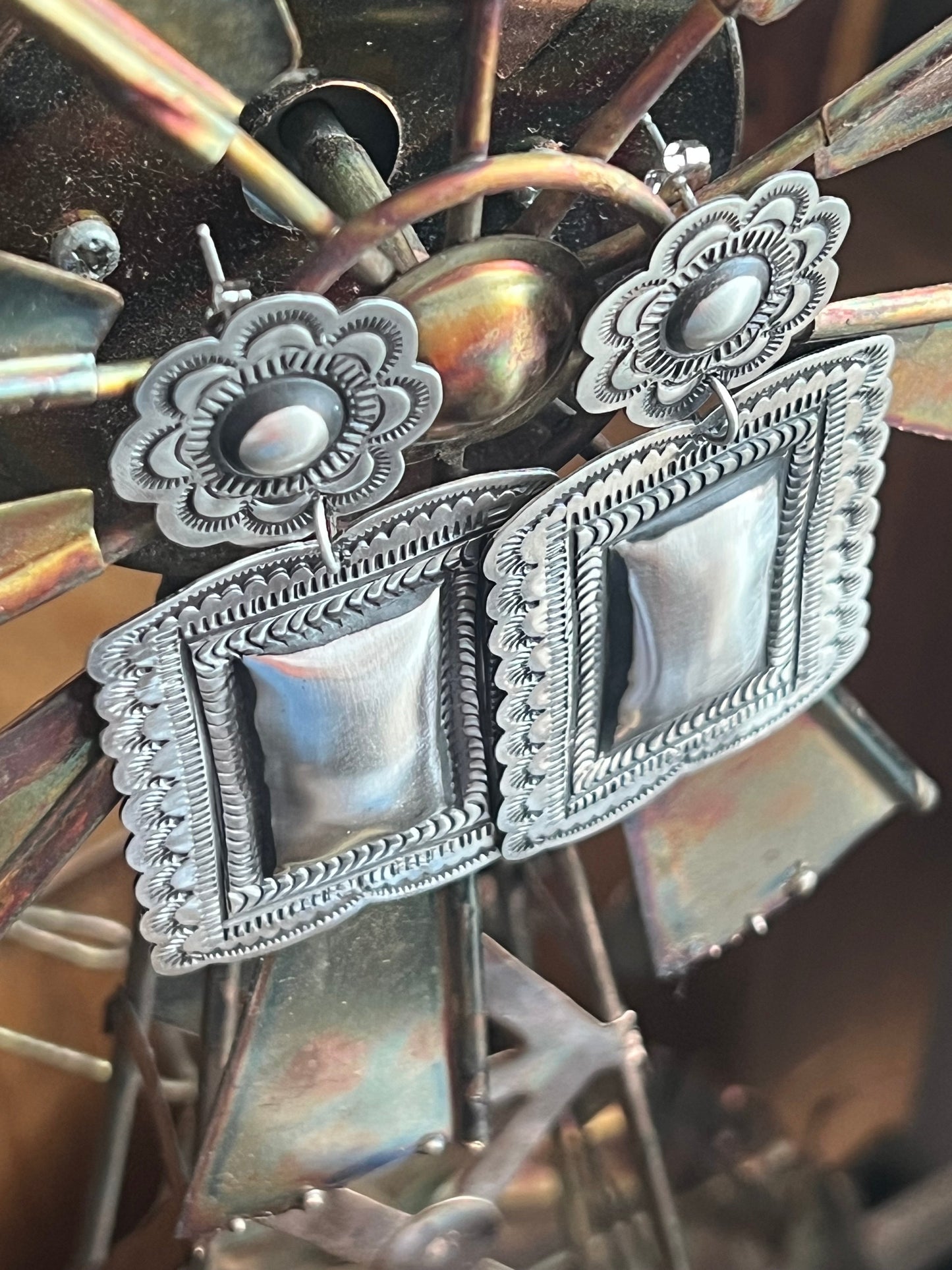 Handmade Navajo Sterling Silver Stamped Repousse Rectangle Earrings by Leander Tahe, R2
