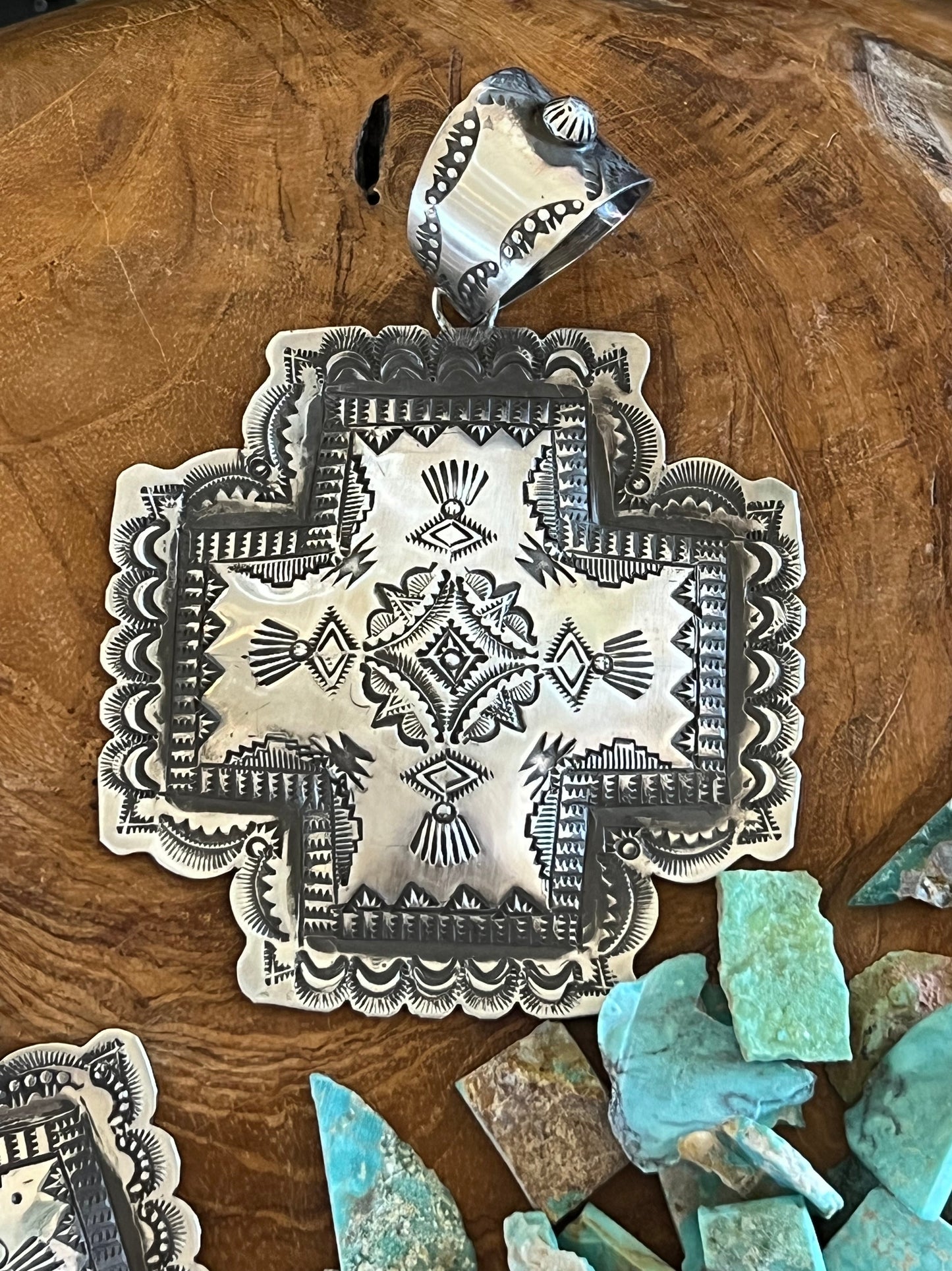 Navajo Hand Stamped Sterling Silver Santa Fe Cross Pendant by Victor Platero