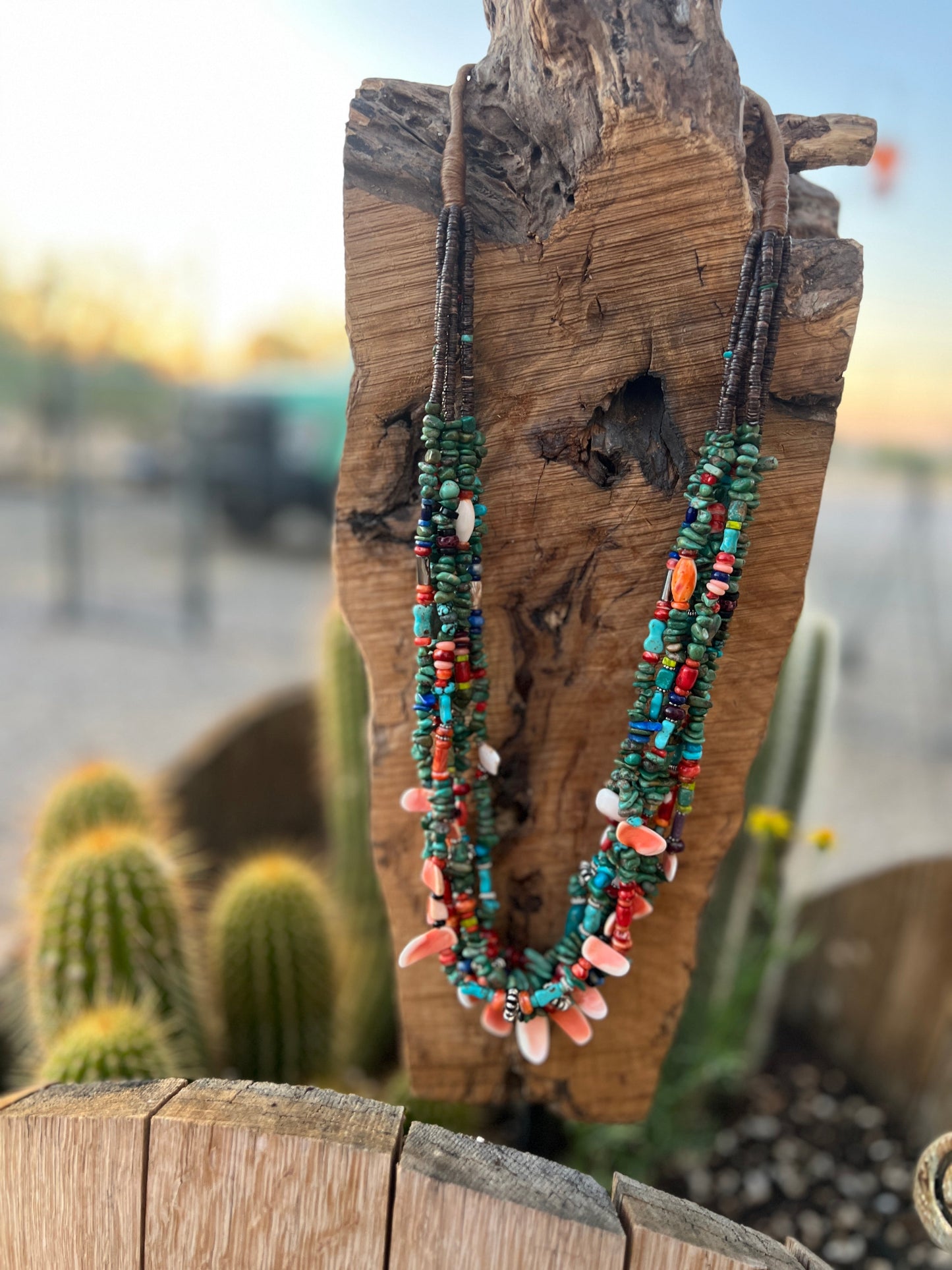 Gorgeous Navajo Made Six Strand Turquoise and Spiny Oyster Beaded Squaw Wrap Necklace, Green