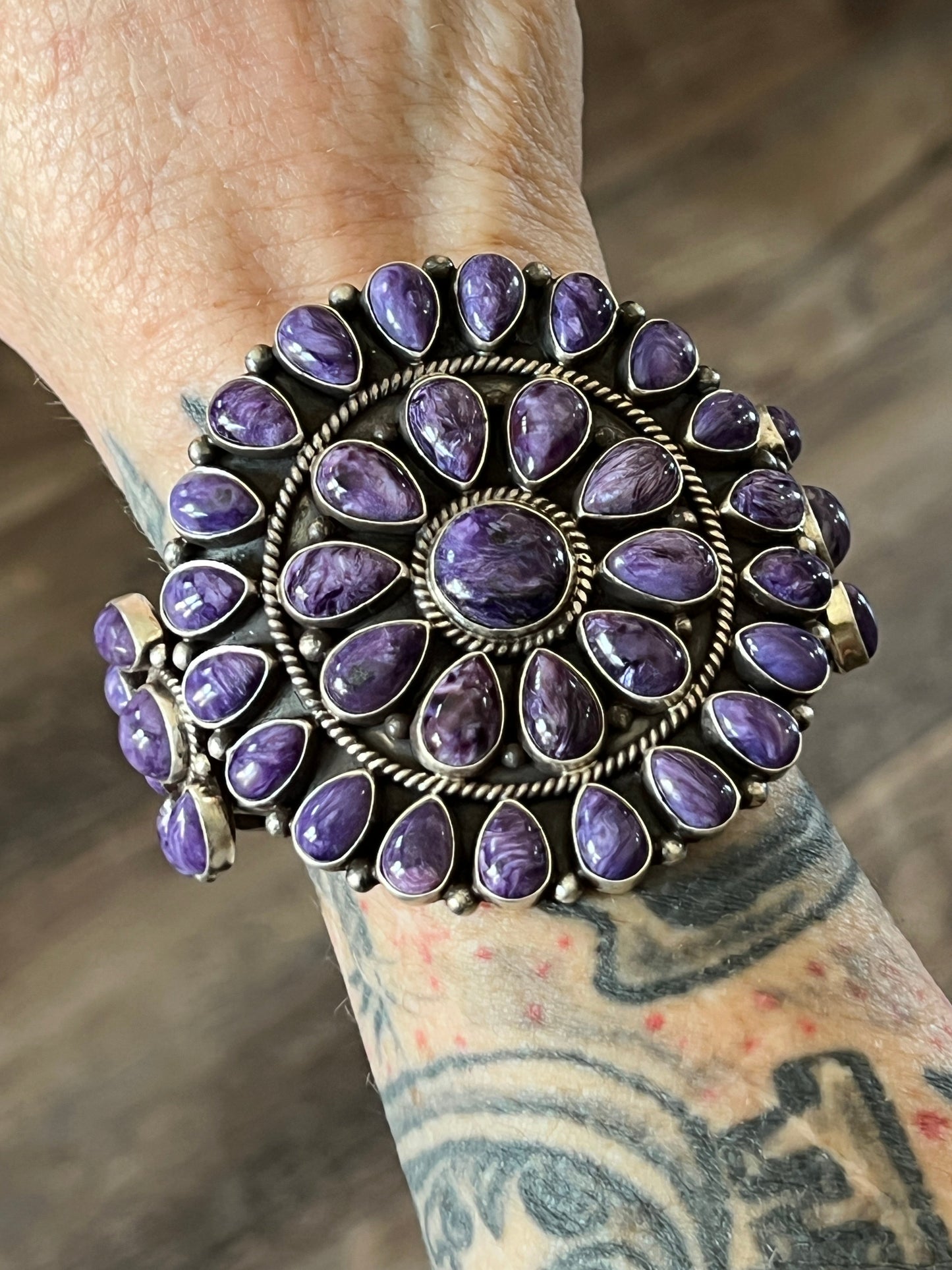 Navajo Sterling Silver and Charoite Cluster Cuff Bracelet by Tyler Brown