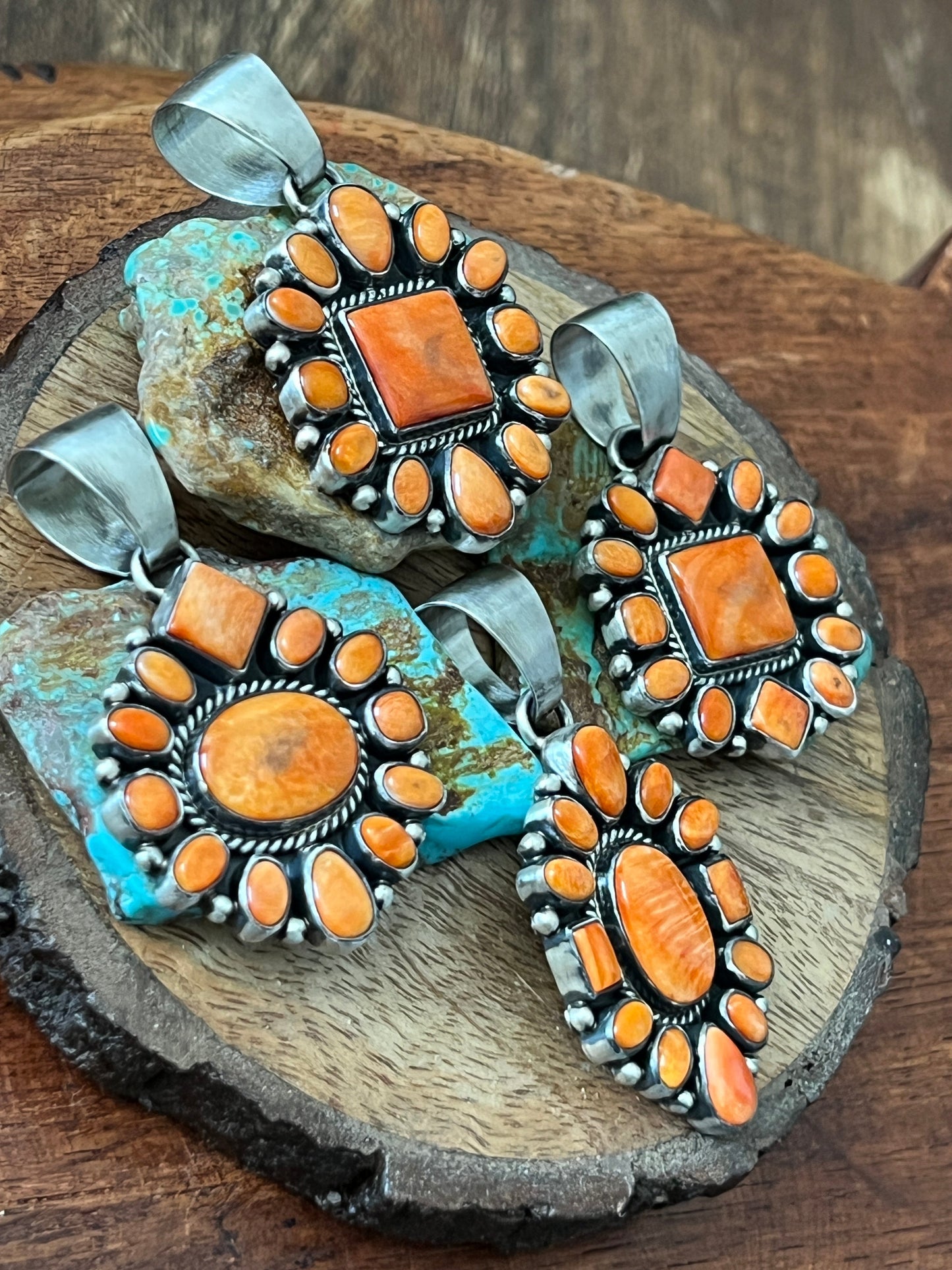 Navajo Sterling Silver and Burnt Spiny Oyster Shell Cluster Pendants by Loretta Delgarito